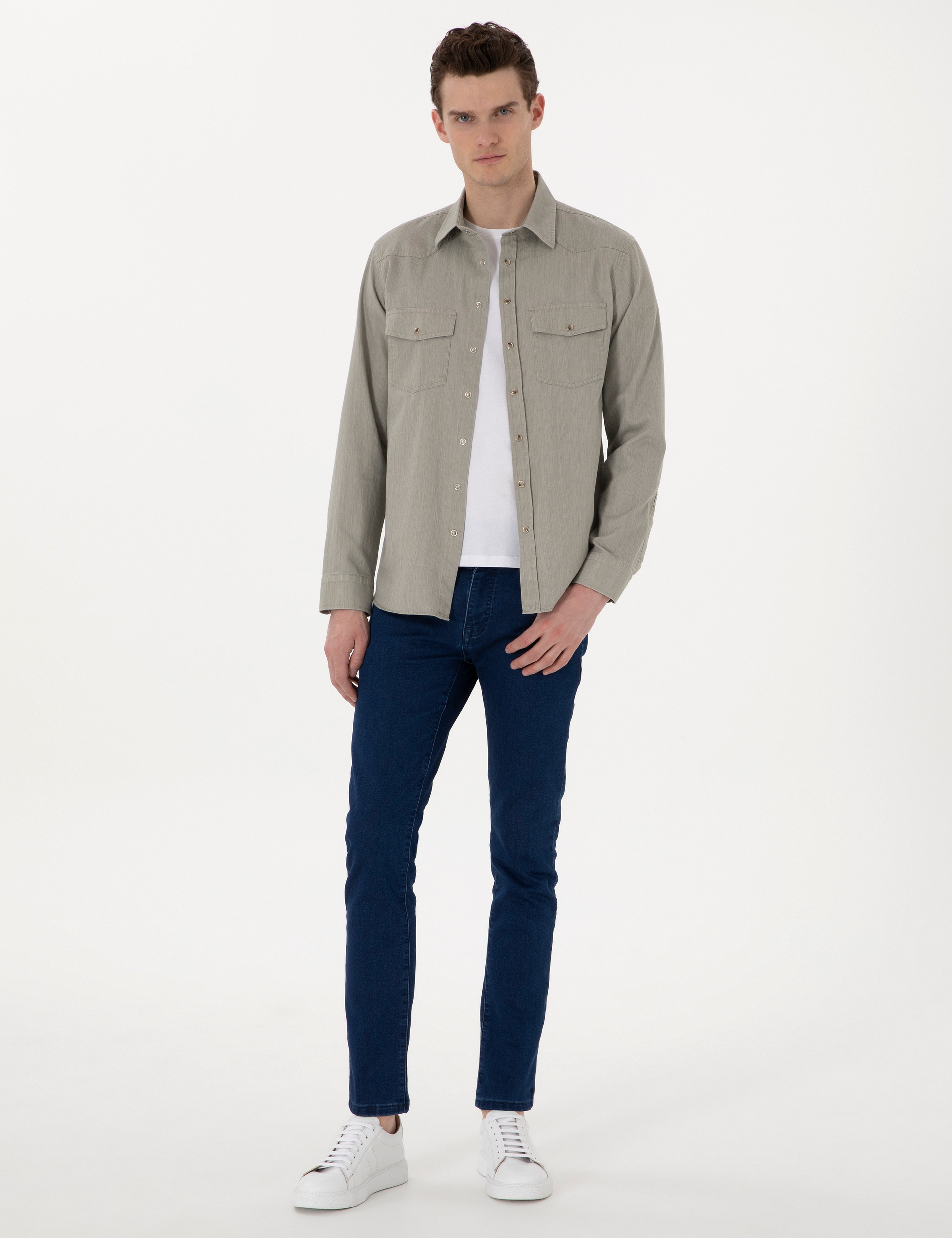 Açık Haki Slim Fit %100 Pamuk Uzun Kollu Jean Gömlek