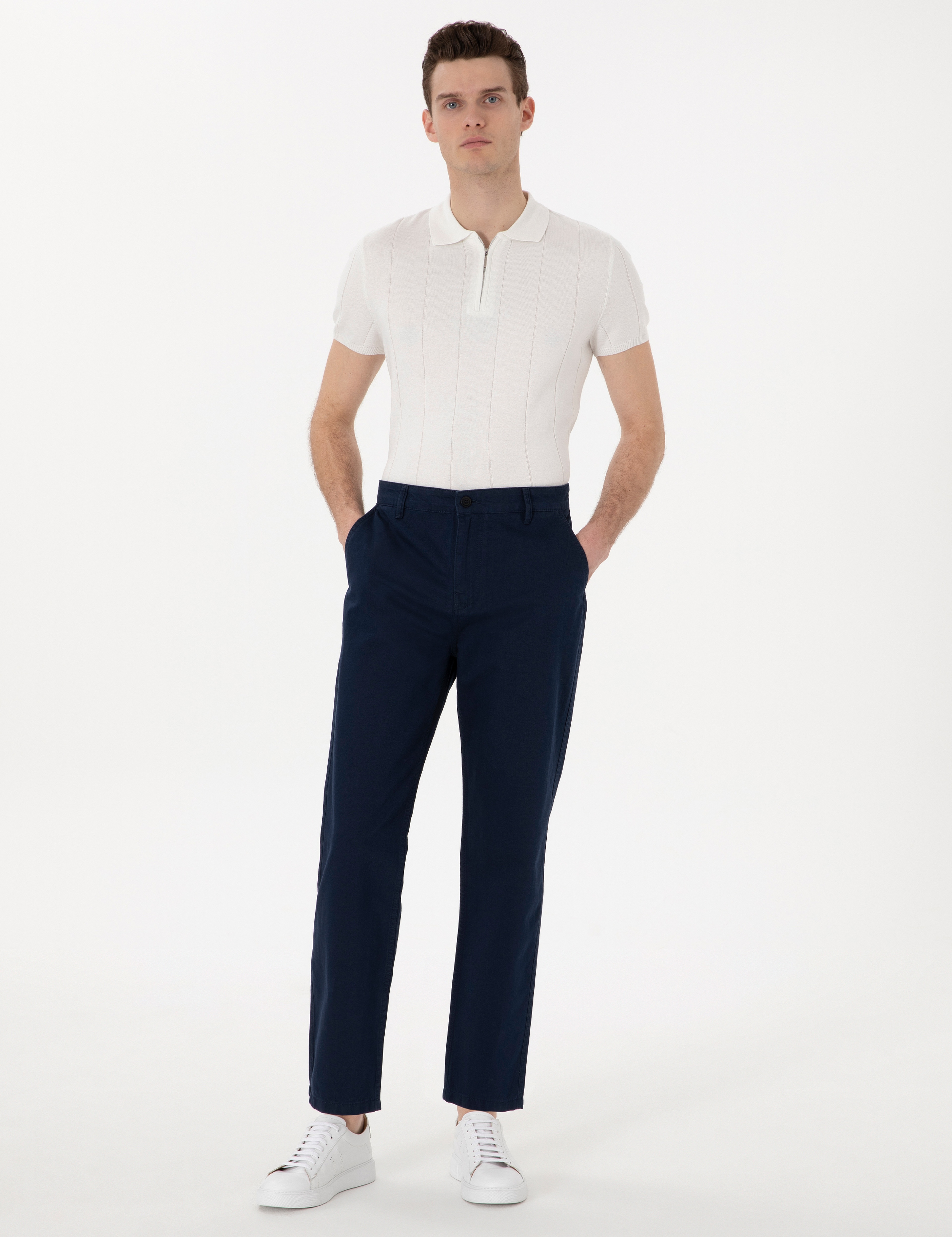 Lacivert Loose Fit Rahat Kalıp Keten Karışımlı Kanvas Pantolon - Image 3