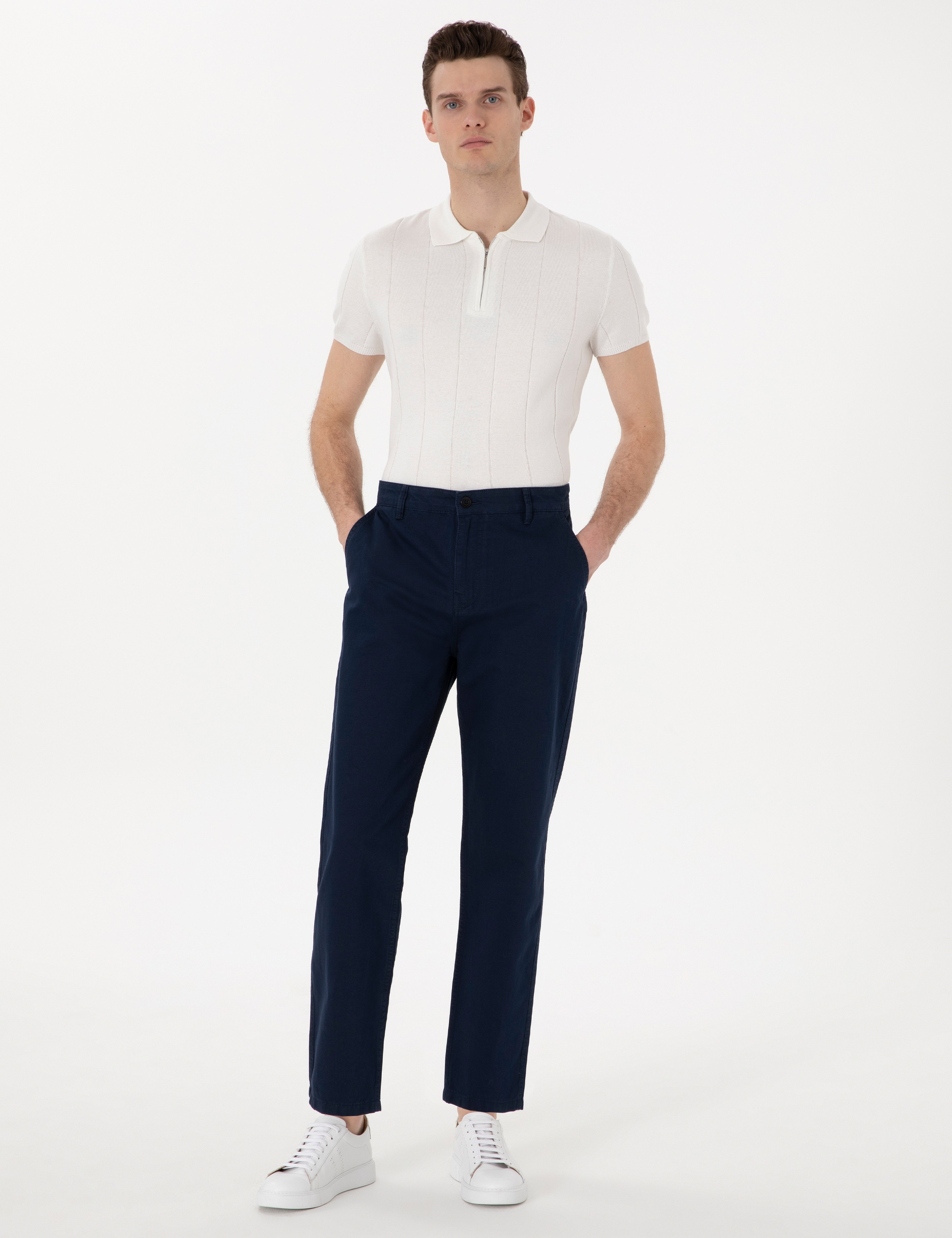 Lacivert Loose Fit Rahat Kalıp Keten Karışımlı Kanvas Pantolon