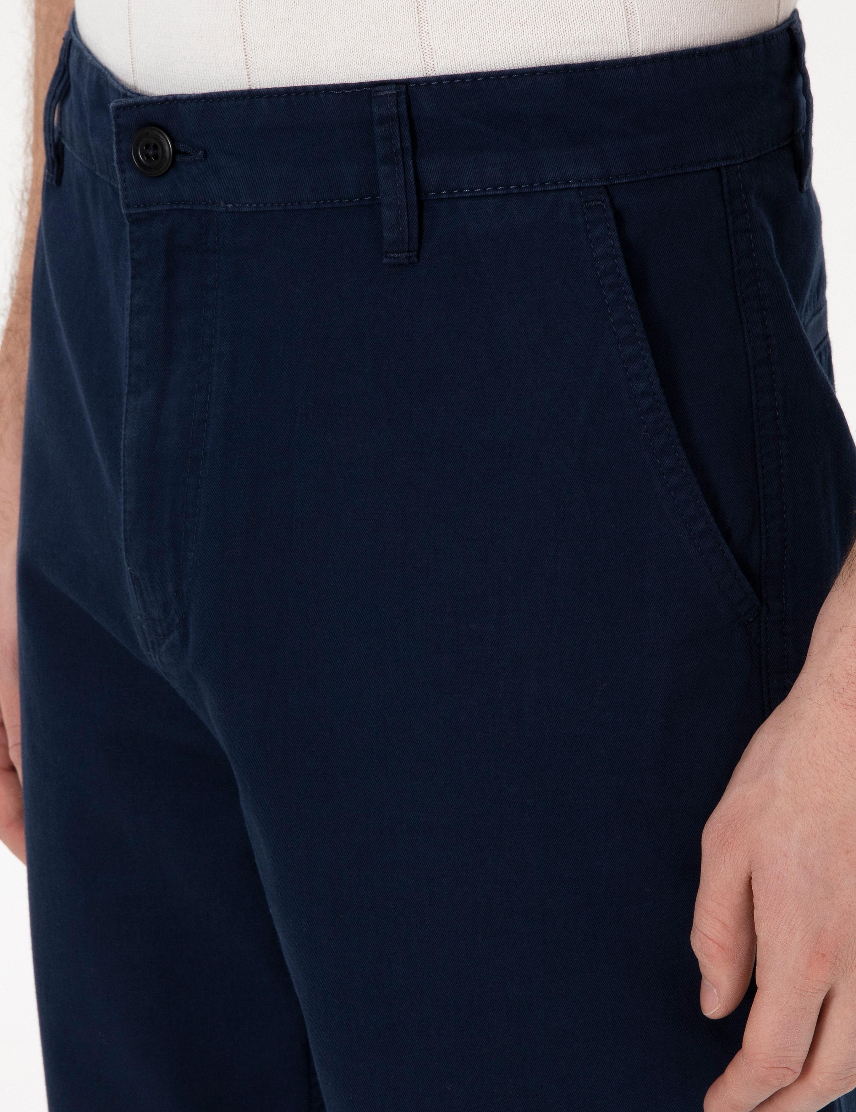 Lacivert Loose Fit Rahat Kalıp Keten Karışımlı Kanvas Pantolon