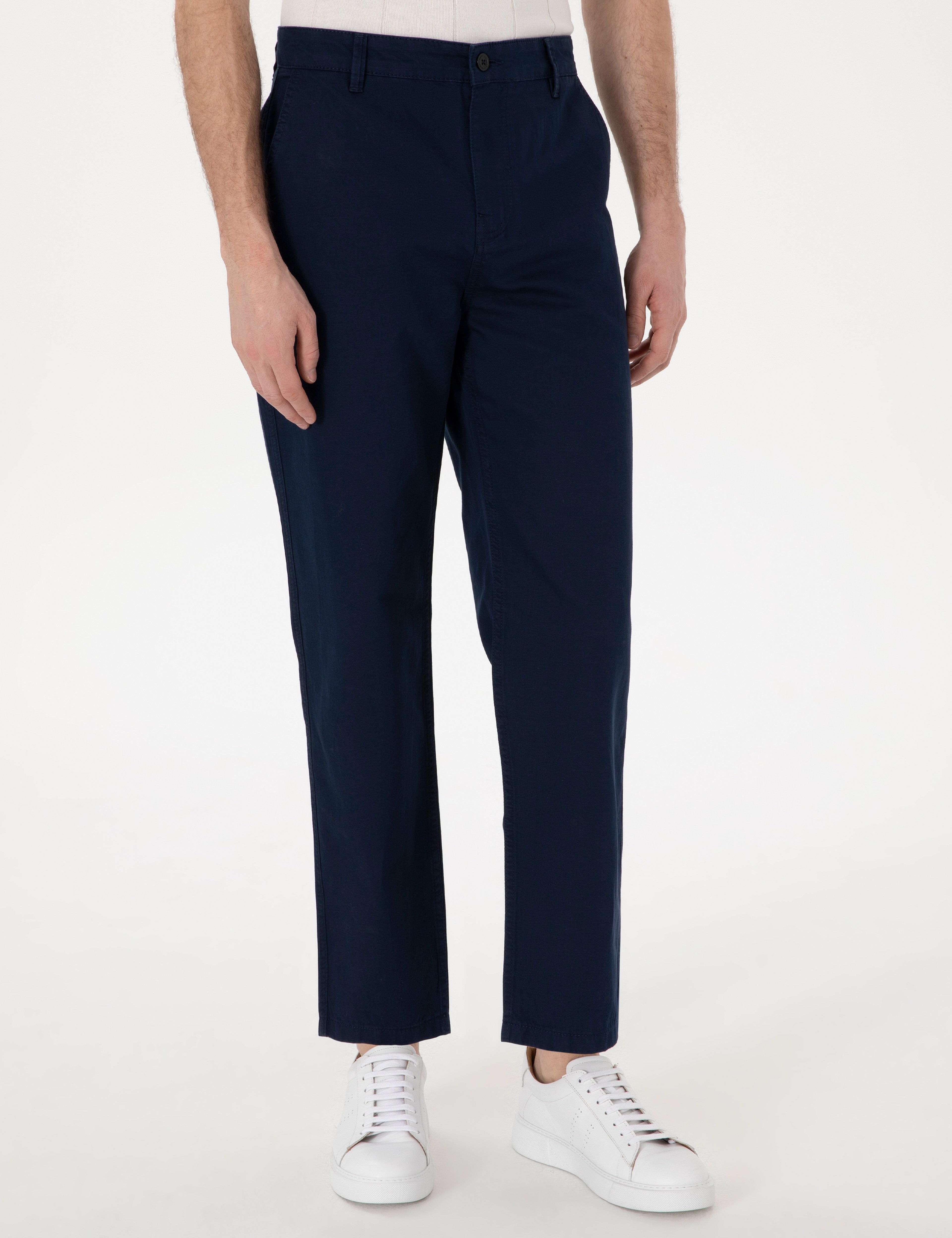 Lacivert Loose Fit Rahat Kalıp Keten Karışımlı Kanvas Pantolon