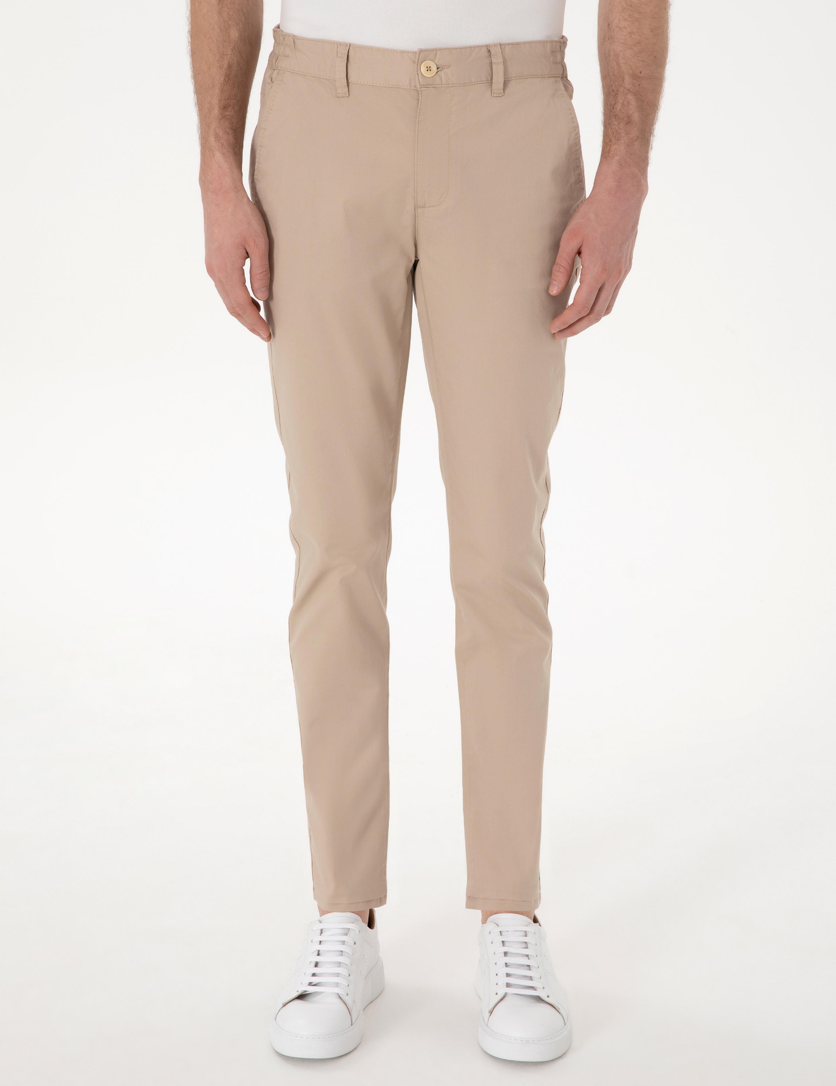 Bej Slim Fit Beli Lastikli Kanvas Pantolon