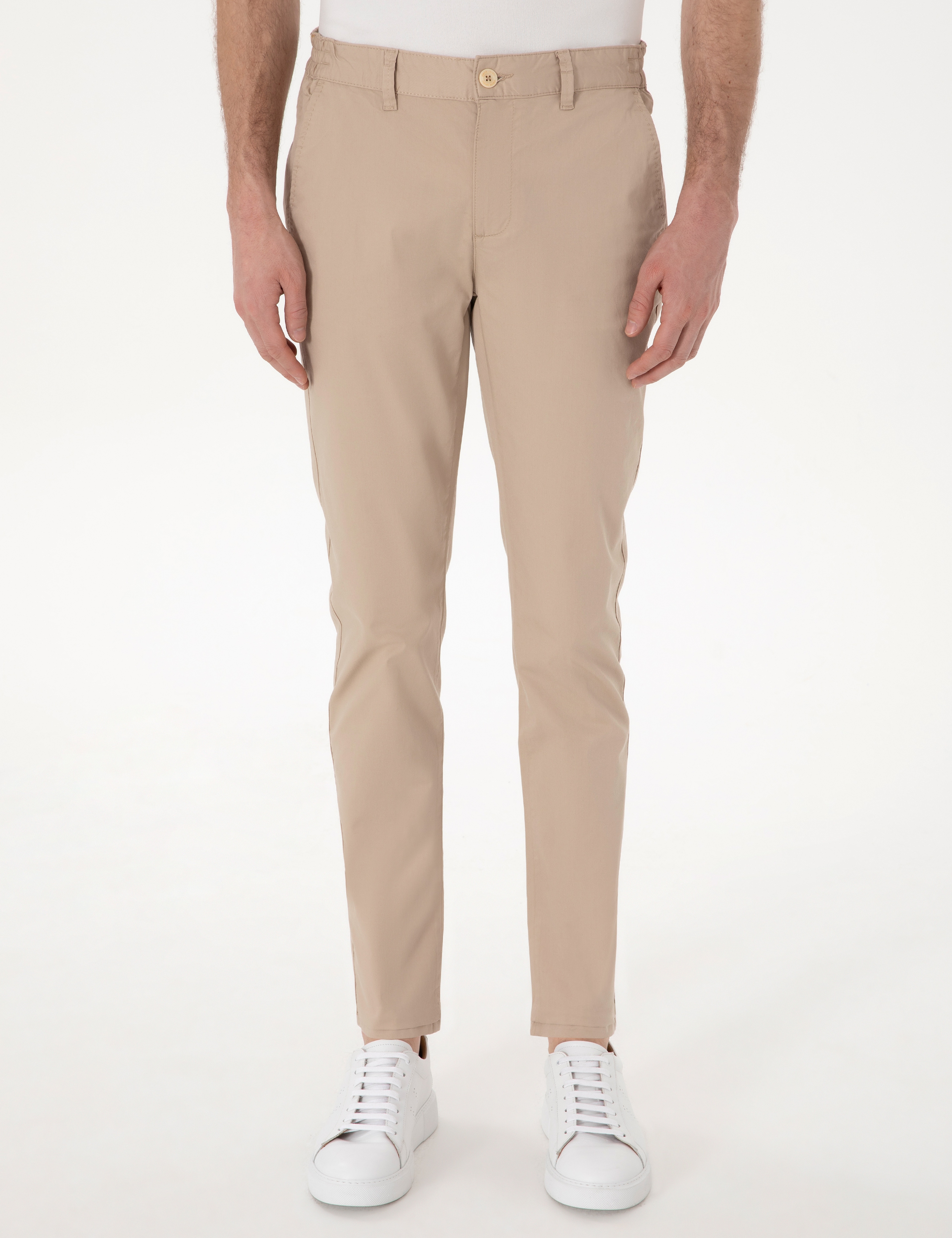 Bej Slim Fit Beli Lastikli Kanvas Pantolon