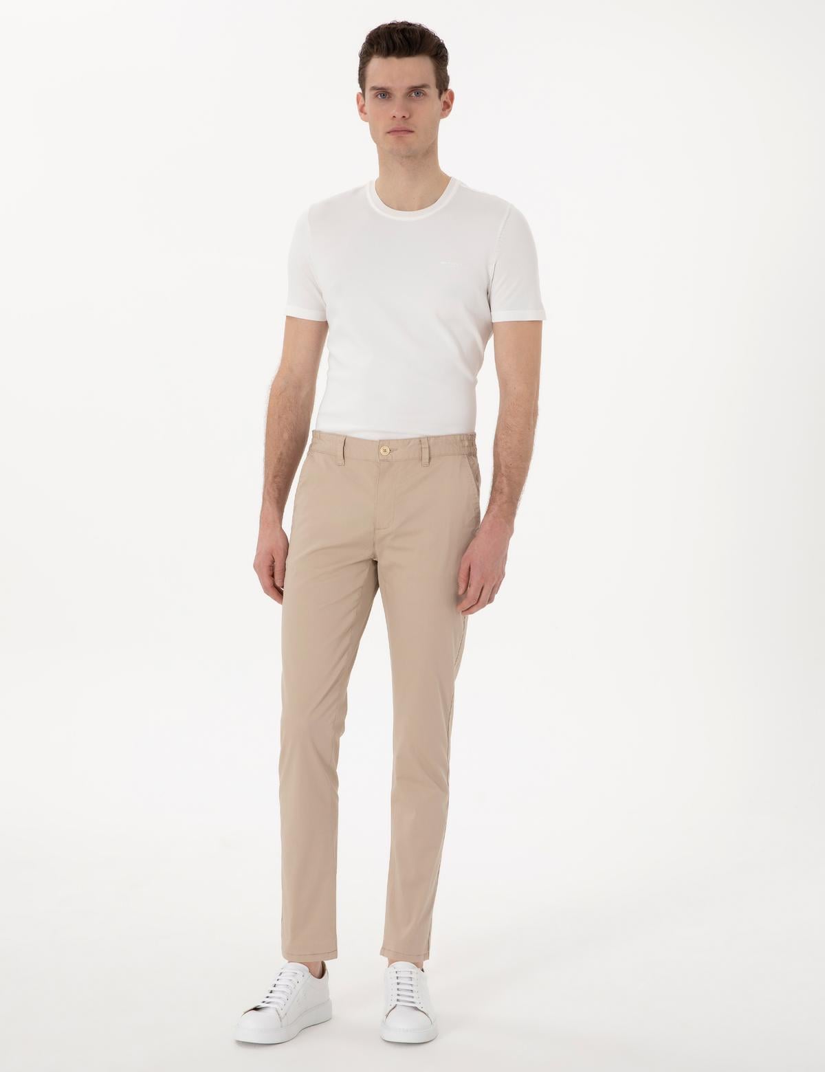 Bej Slim Fit Beli Lastikli Kanvas Pantolon