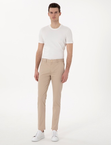 Bej Slim Fit Beli Lastikli Kanvas Pantolon