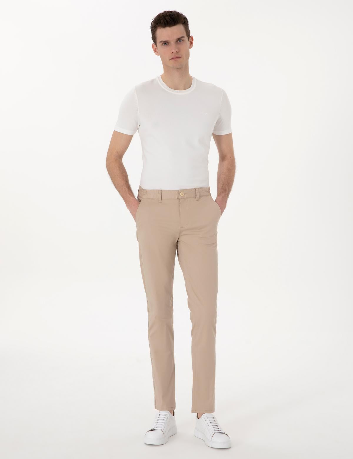 Bej Slim Fit Beli Lastikli Kanvas Pantolon - 50301759136