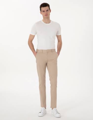 Bej Slim Fit Beli Lastikli Kanvas Pantolon