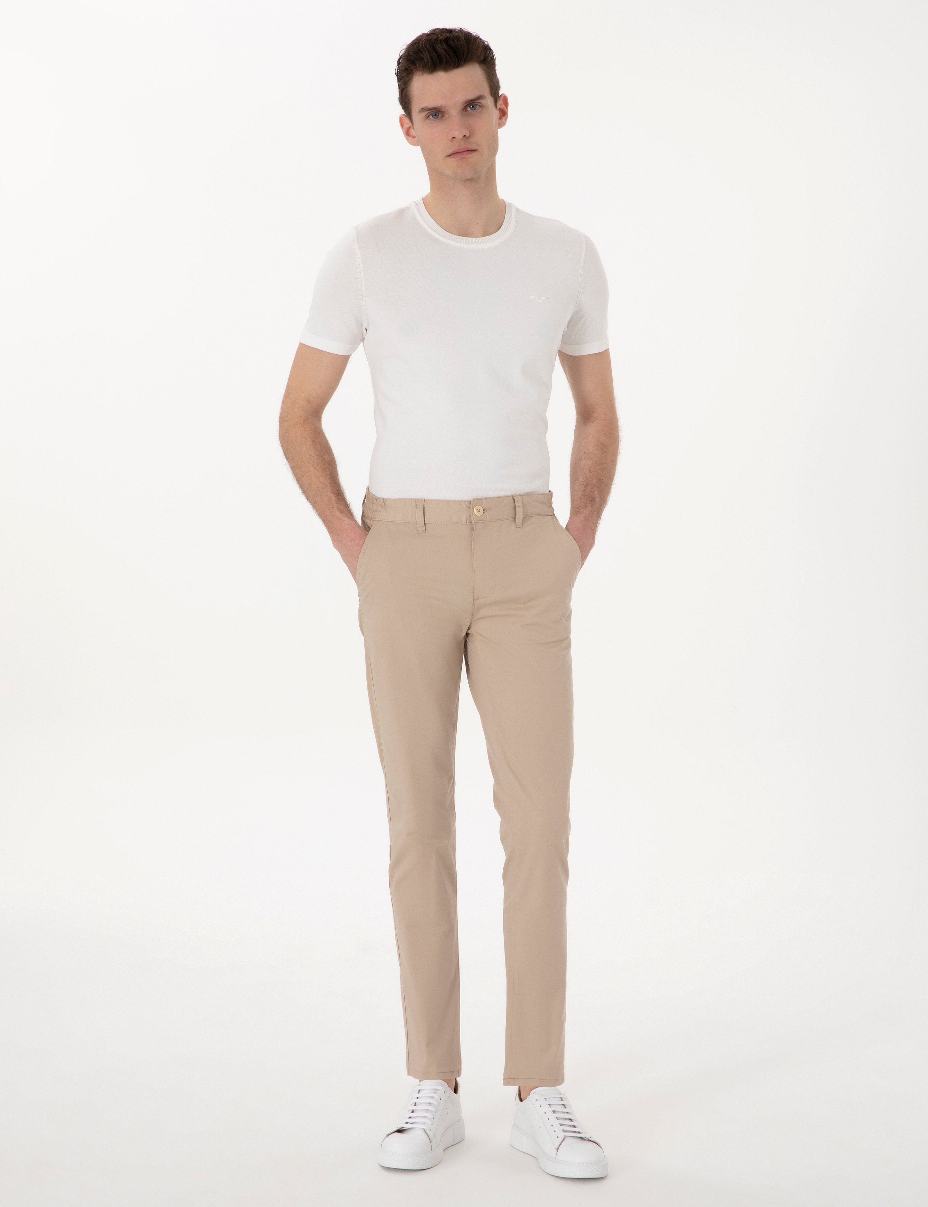 Bej Slim Fit Beli Lastikli Kanvas Pantolon - Image 3
