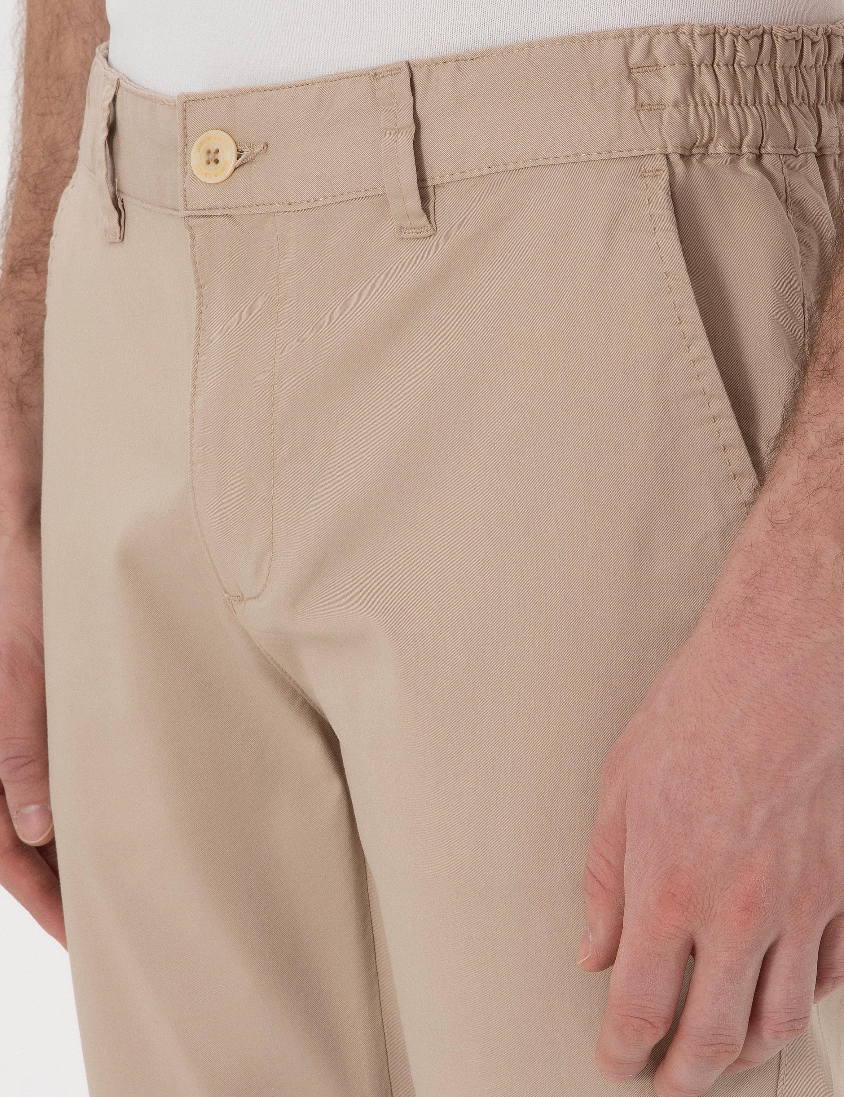 Bej Slim Fit Beli Lastikli Kanvas Pantolon