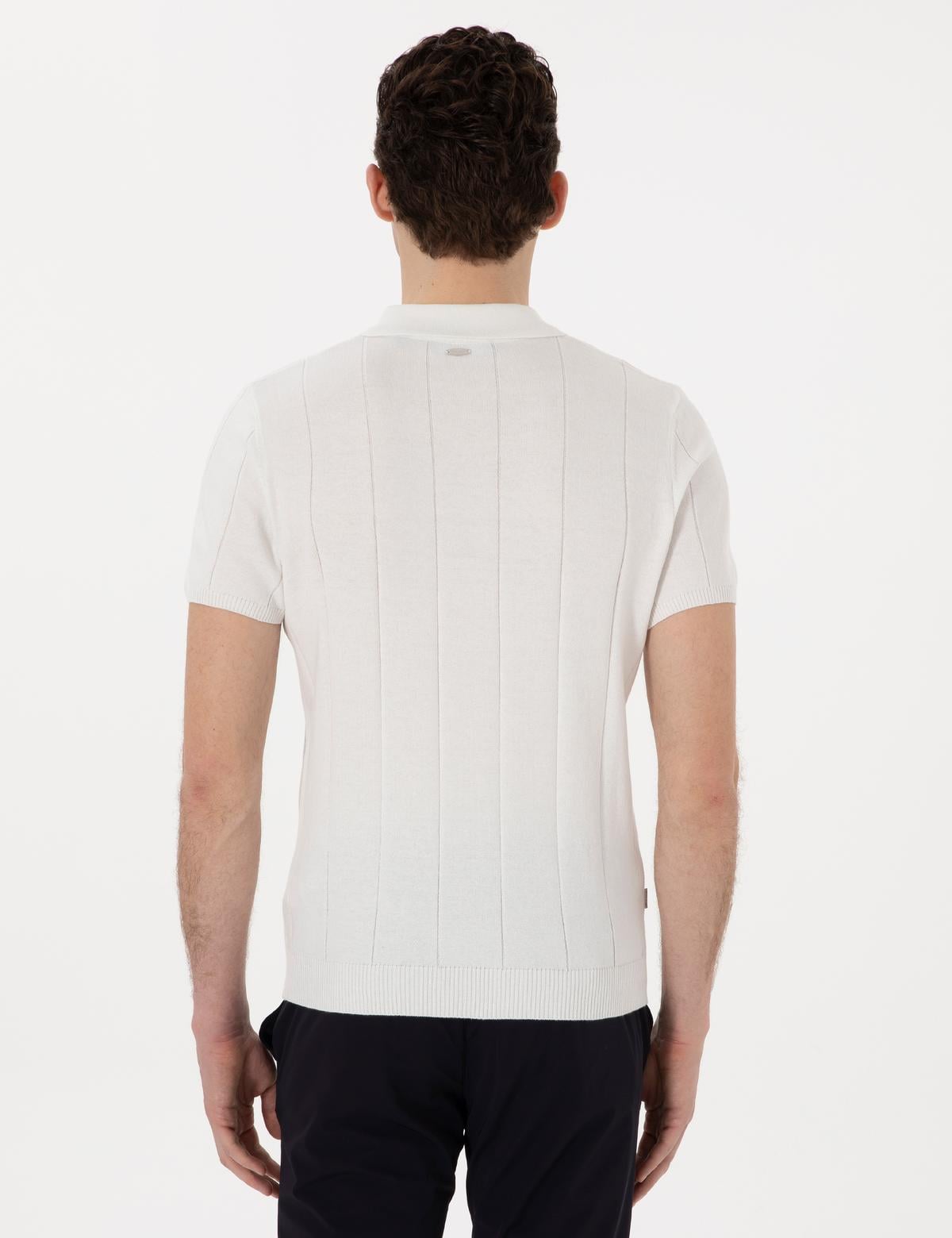 Ekru Slim Fit Fermuarlı Polo Yaka Triko Tişört - 50305983018