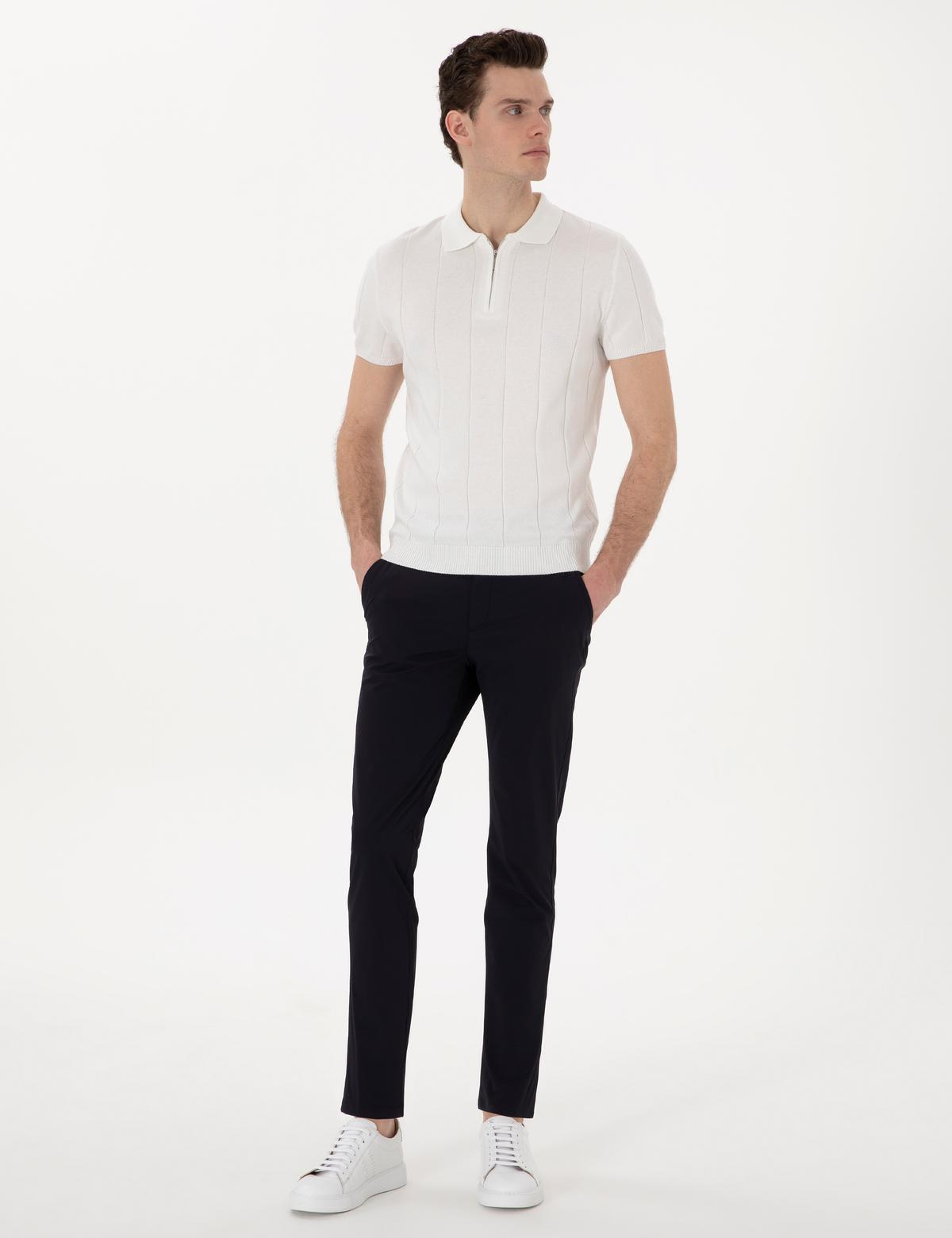Ekru Slim Fit Fermuarlı Polo Yaka Triko Tişört - 50305983018