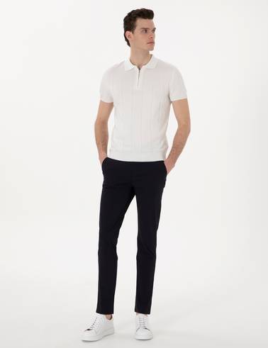 Ekru Slim Fit Fermuarlı Polo Yaka Triko Tişört