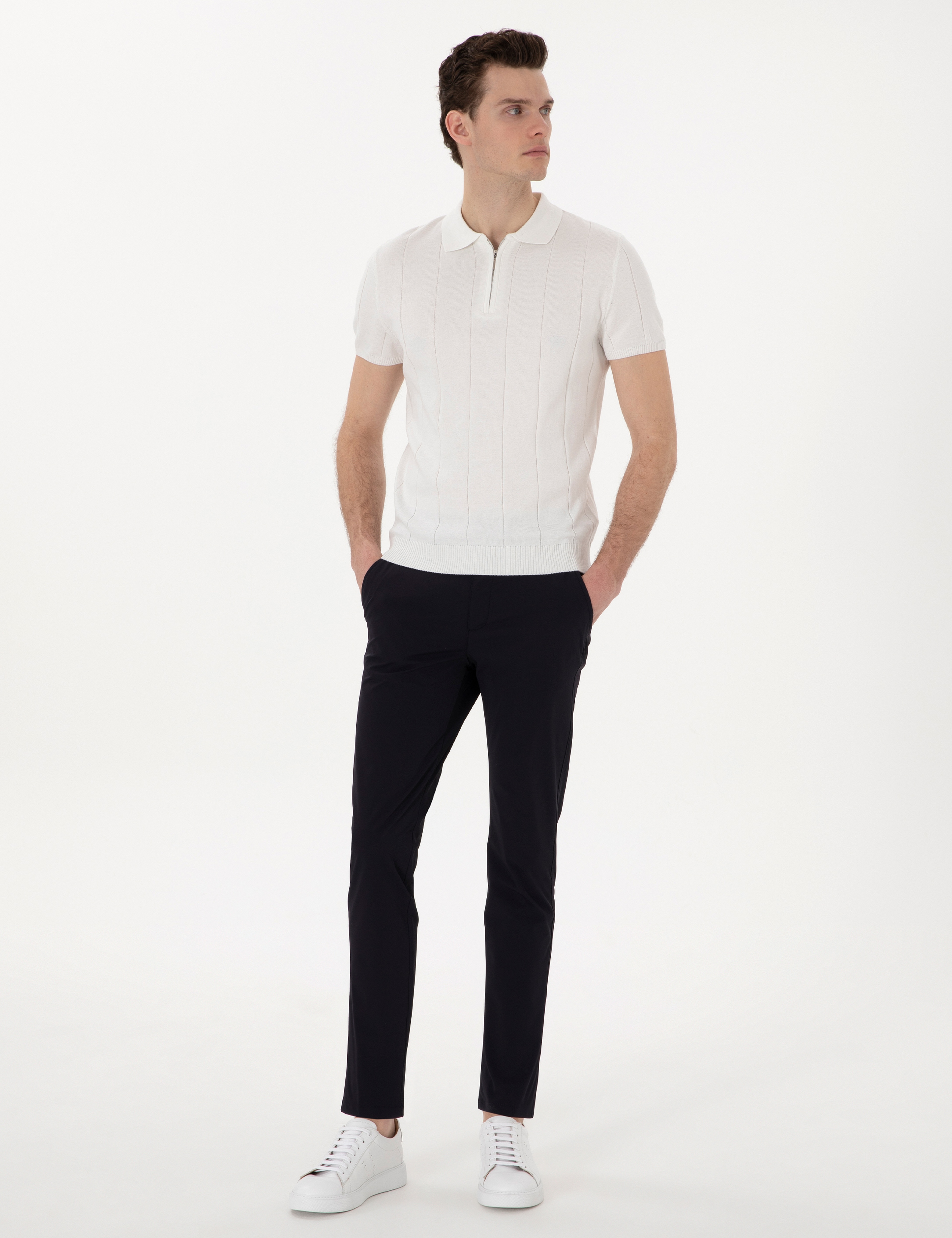 Ekru Slim Fit Fermuarlı Polo Yaka Triko Tişört - Image 4
