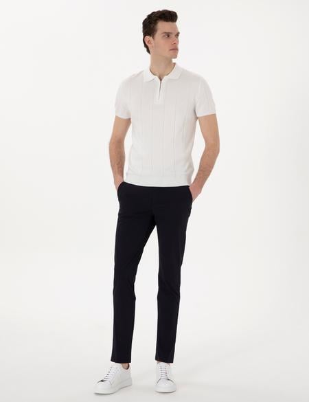Ekru Slim Fit Fermuarlı Polo Yaka Triko Tişört - 50305983018
