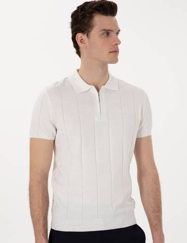Ekru Slim Fit Fermuarlı Polo Yaka Triko Tişört