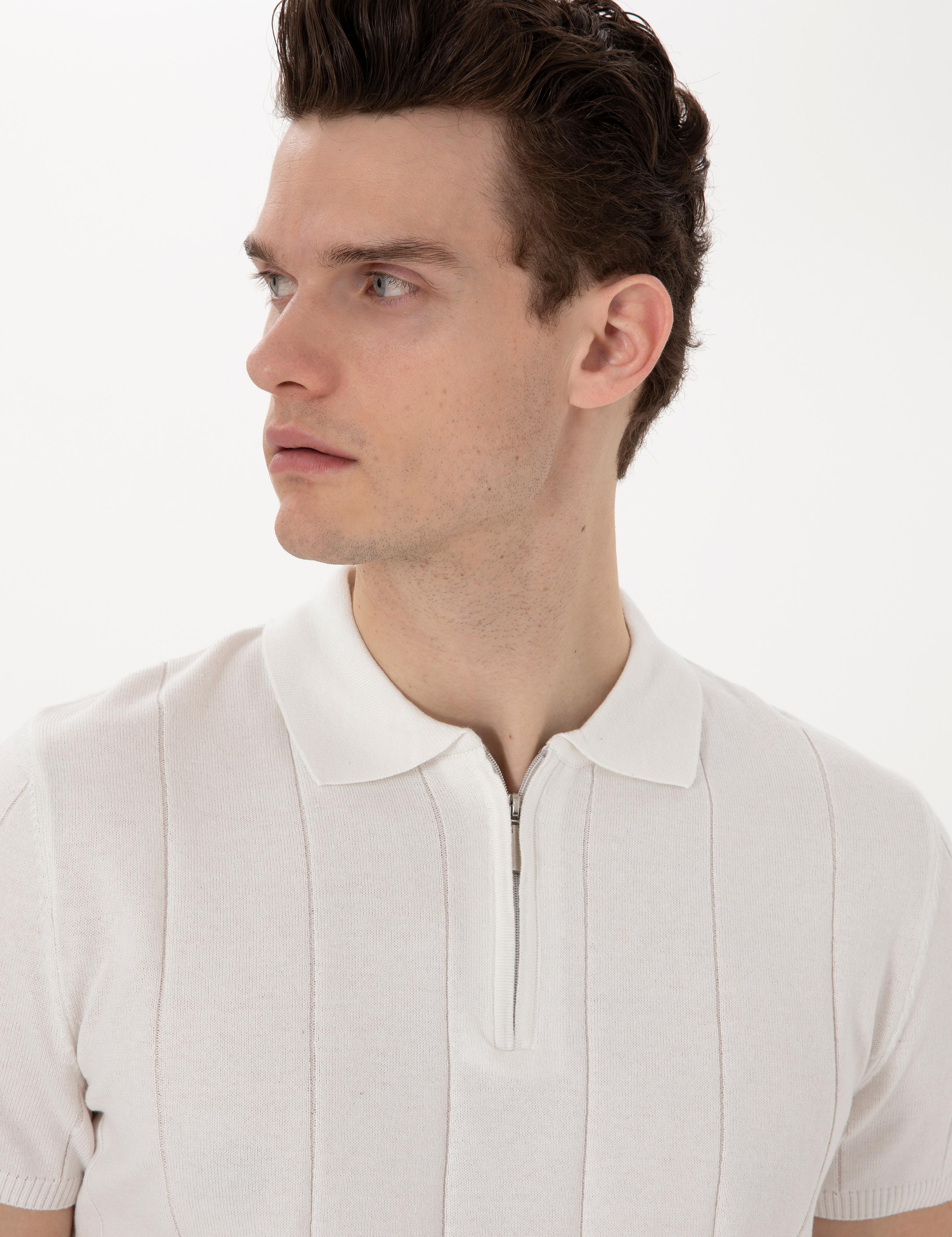 Ekru Slim Fit Fermuarlı Polo Yaka Triko Tişört