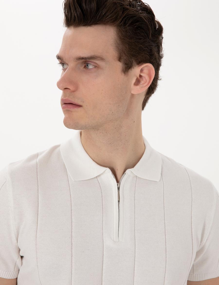 Ekru Slim Fit Fermuarlı Polo Yaka Triko Tişört