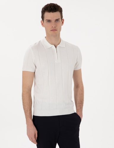 Ekru Slim Fit Fermuarlı Polo Yaka Triko Tişört