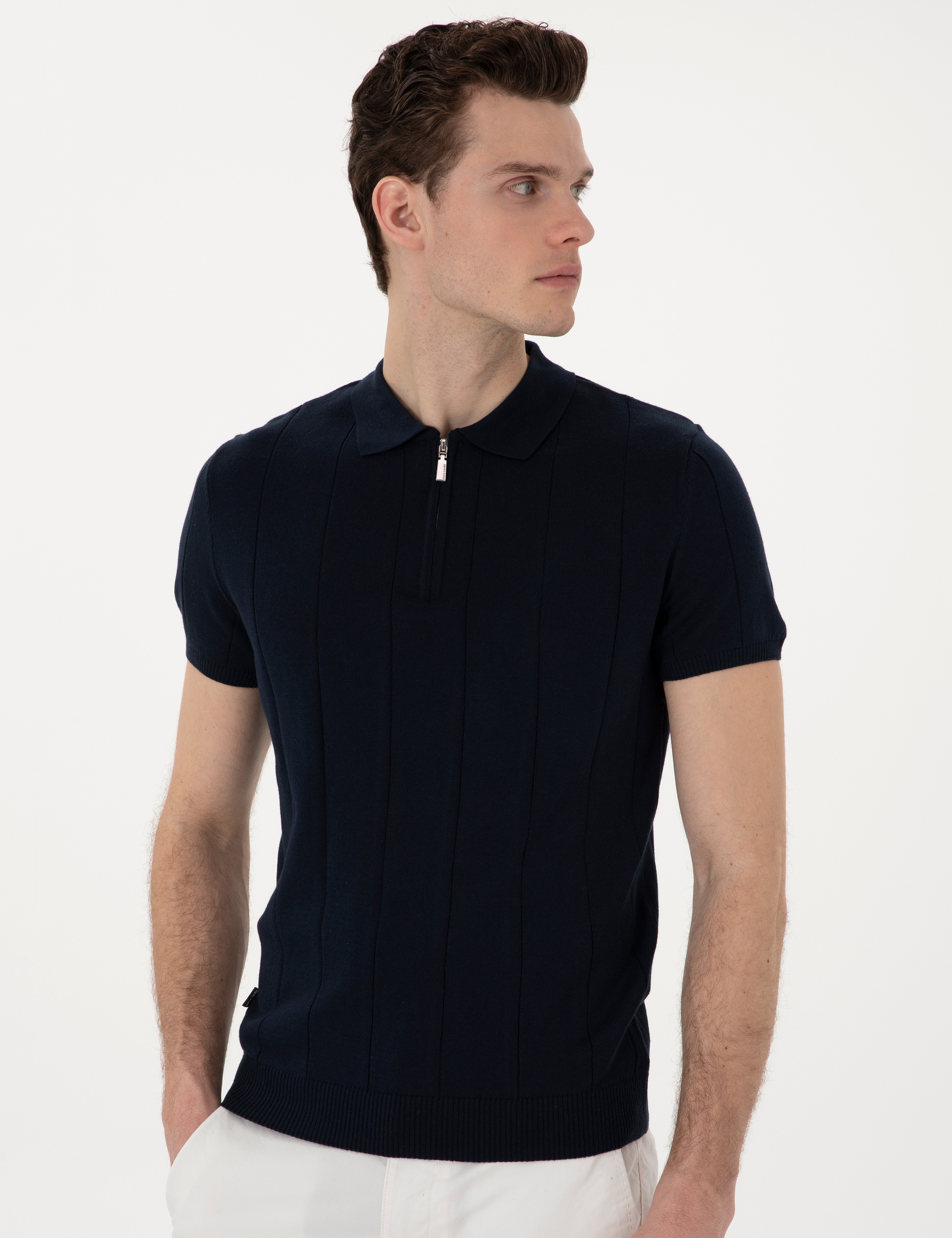 Lacivert Slim Fit Fermuarlı Polo Yaka Triko Tişört - Image 3