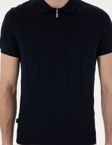 Lacivert Slim Fit Fermuarlı Polo Yaka Triko Tişört
