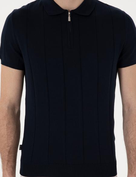 Lacivert Slim Fit Fermuarlı Polo Yaka Triko Tişört - 50305983021