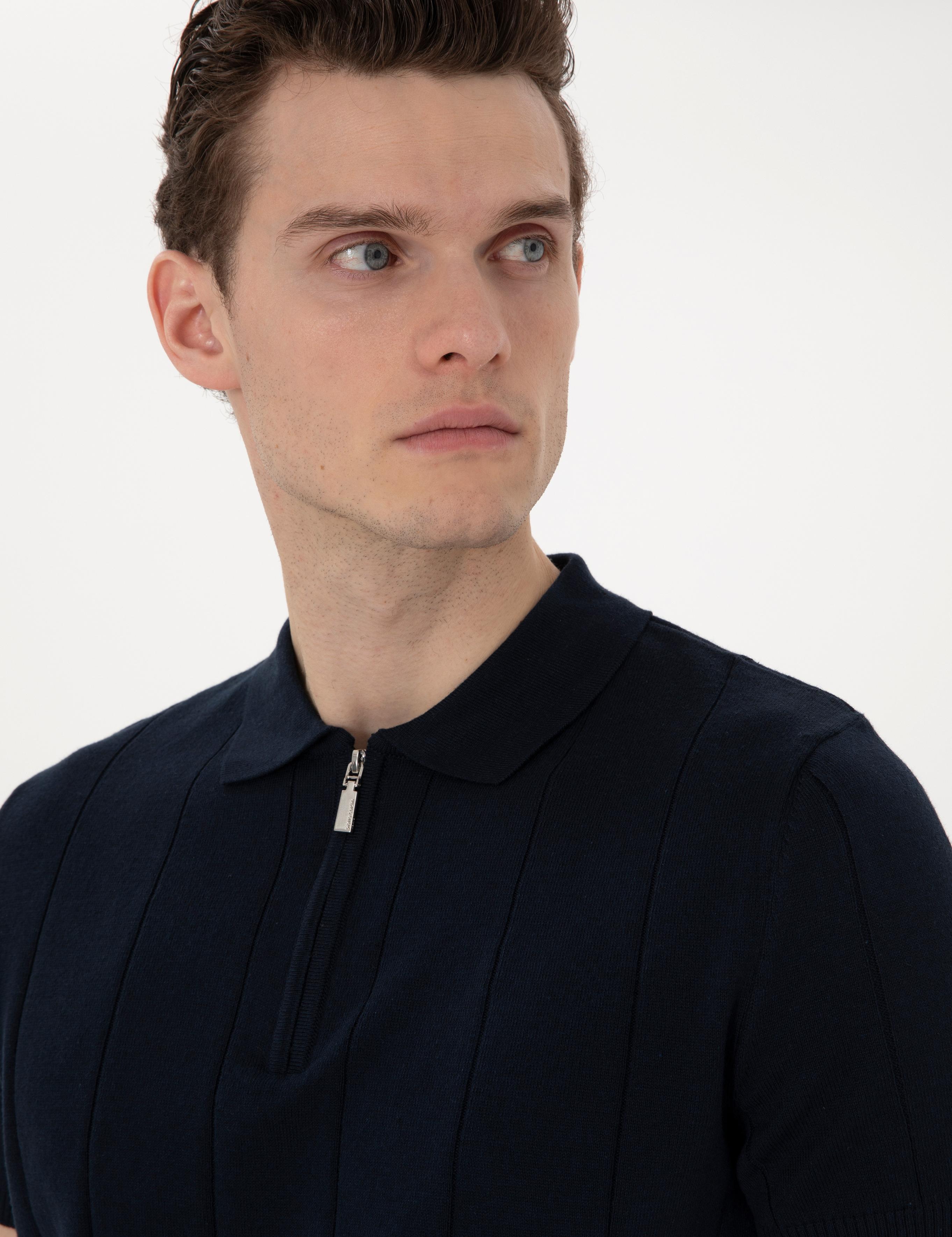 Lacivert Slim Fit Fermuarlı Polo Yaka Triko Tişört