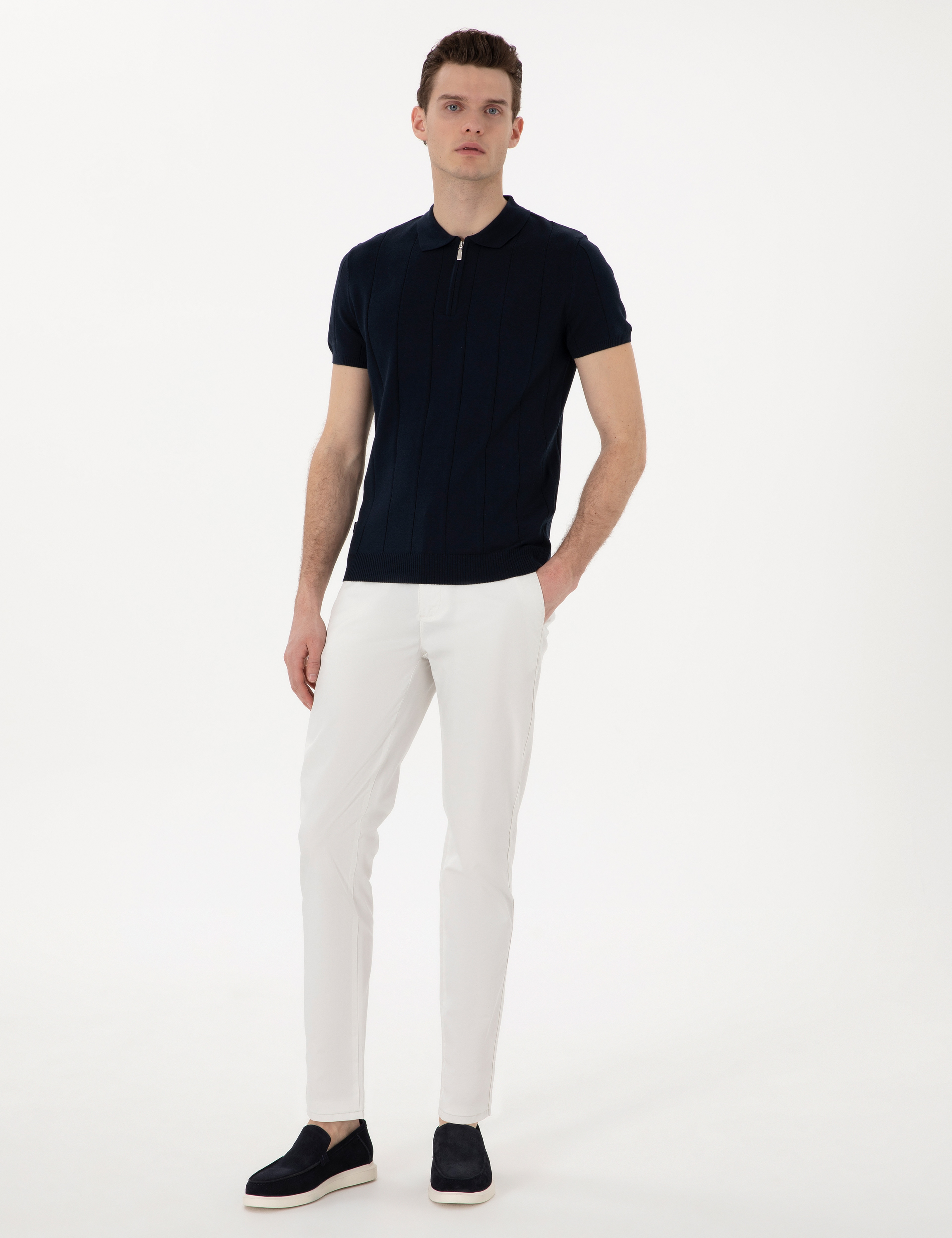 Lacivert Slim Fit Fermuarlı Polo Yaka Triko Tişört