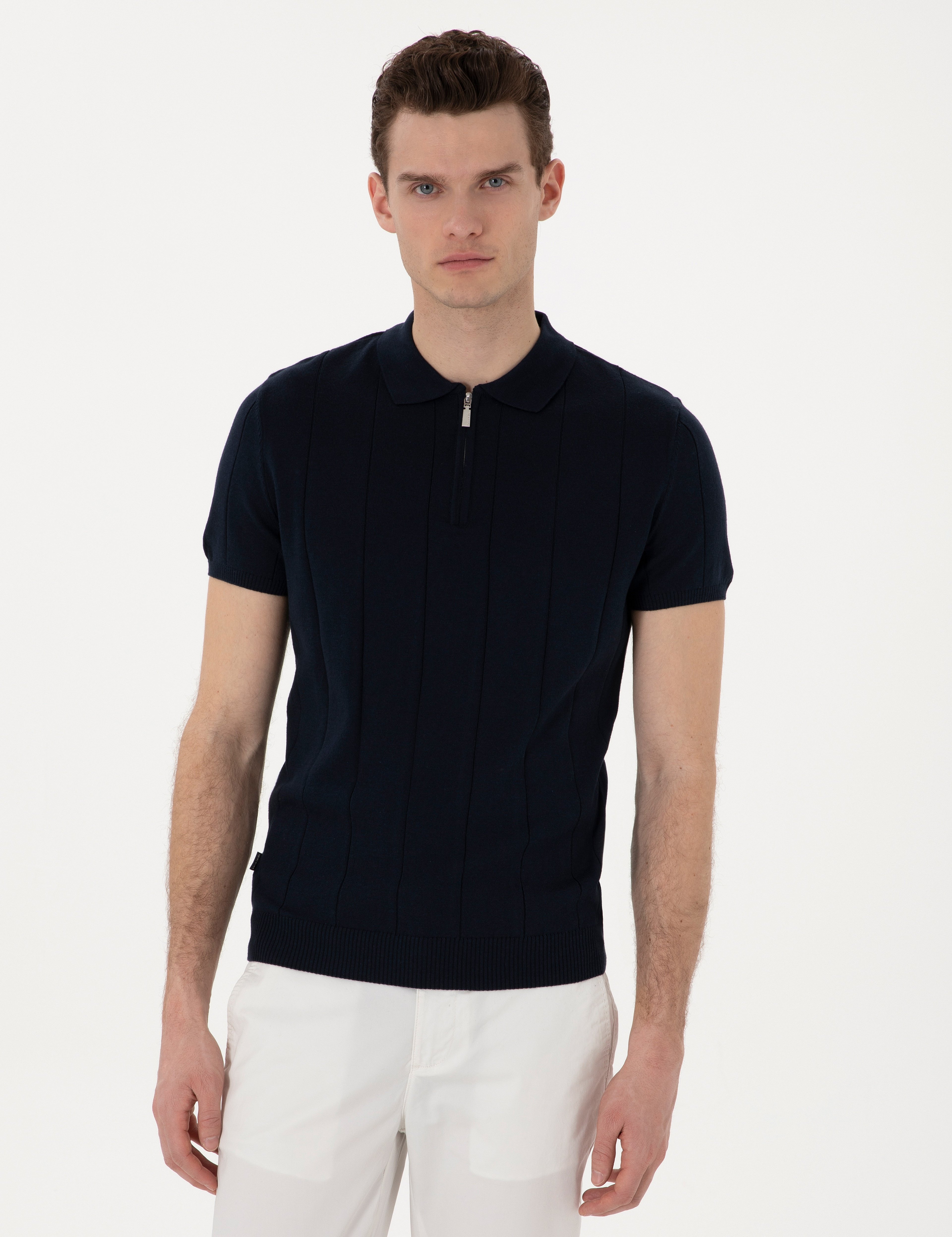 Lacivert Slim Fit Fermuarlı Polo Yaka Triko Tişört - Image 1