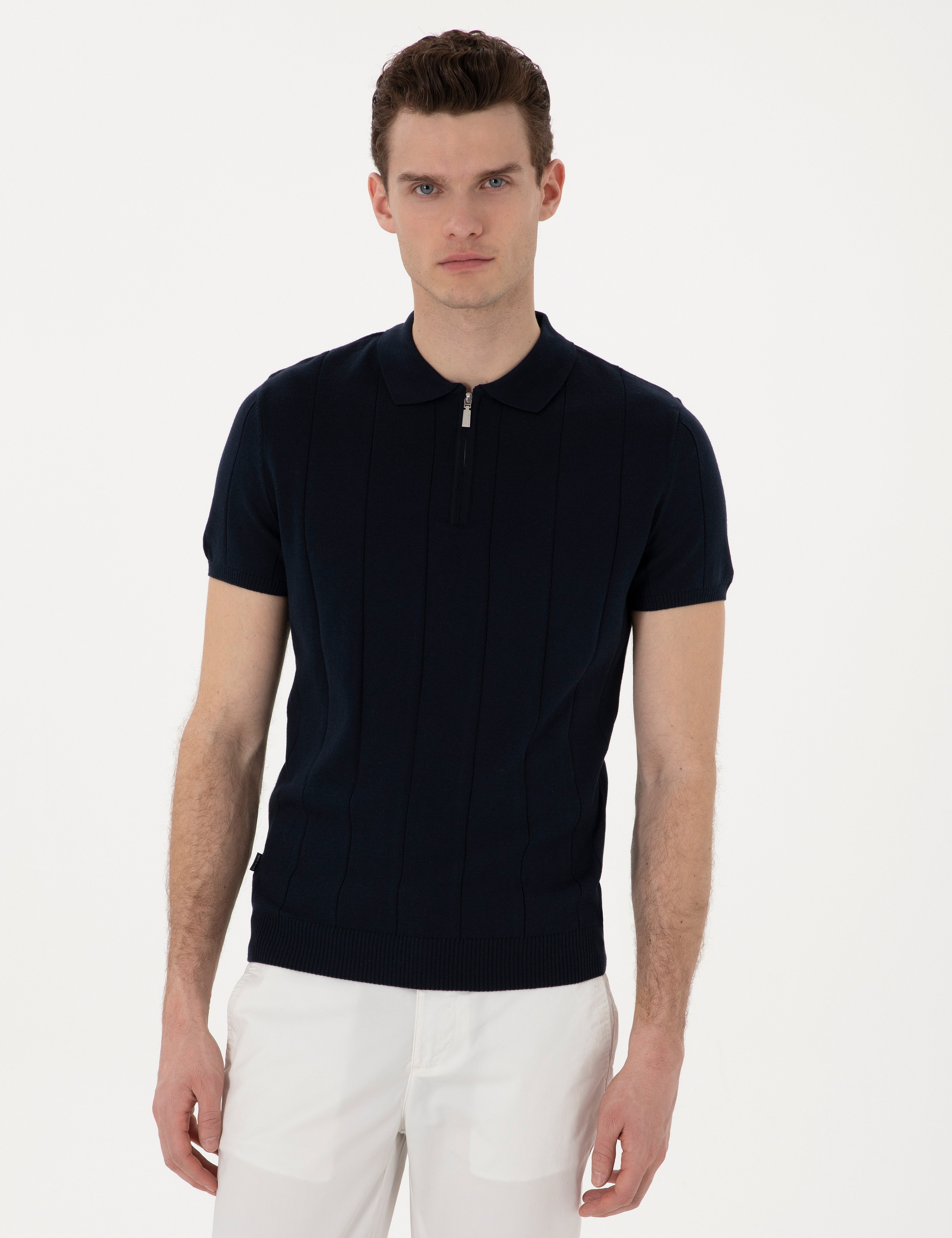 Lacivert Slim Fit Fermuarlı Polo Yaka Triko Tişört