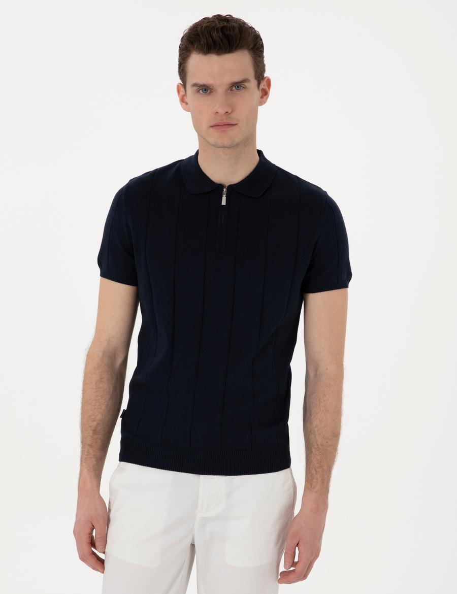 Lacivert Slim Fit Fermuarlı Polo Yaka Triko Tişört