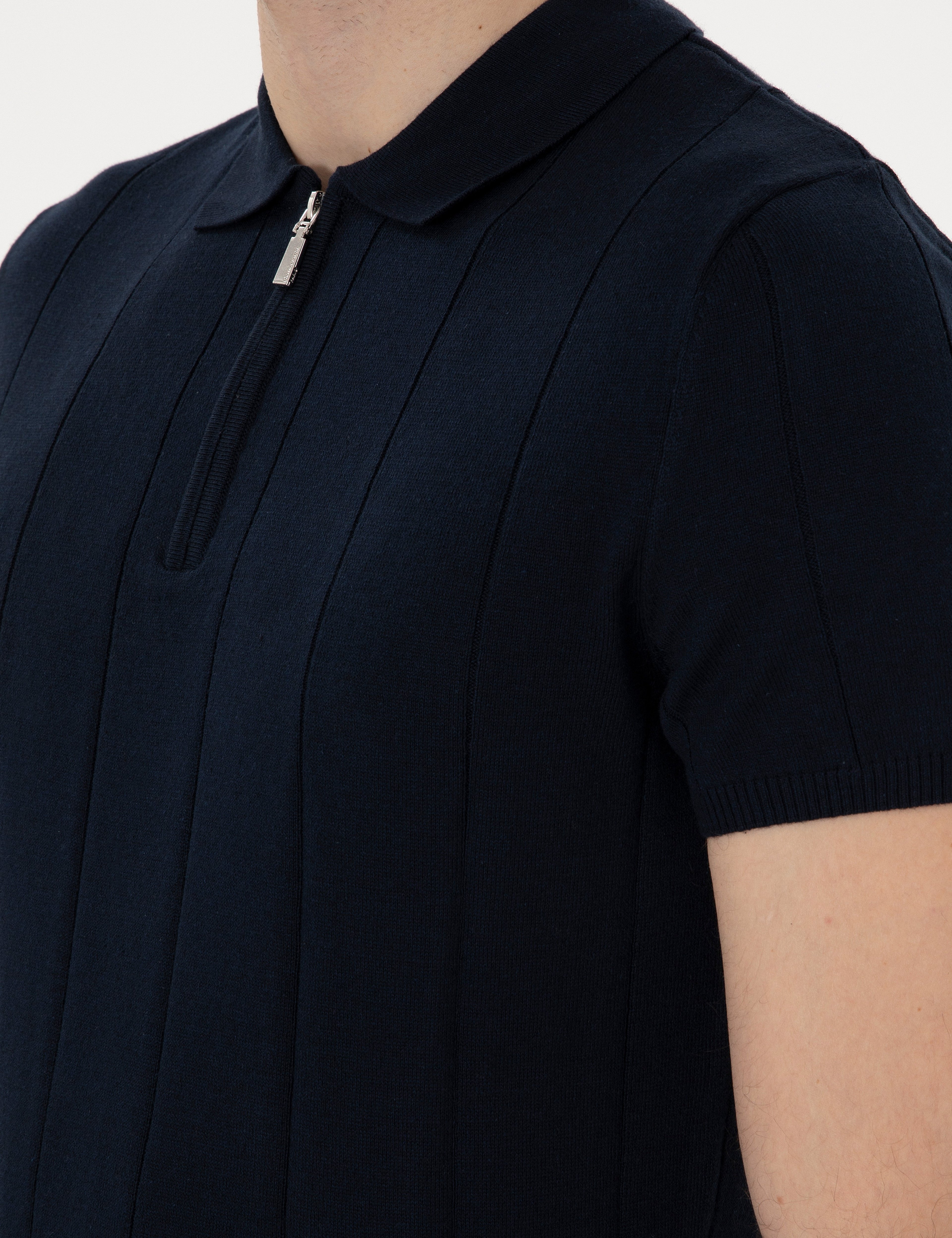 Lacivert Slim Fit Fermuarlı Polo Yaka Triko Tişört