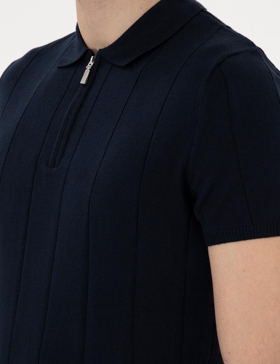 Lacivert Slim Fit Fermuarlı Polo Yaka Triko Tişört