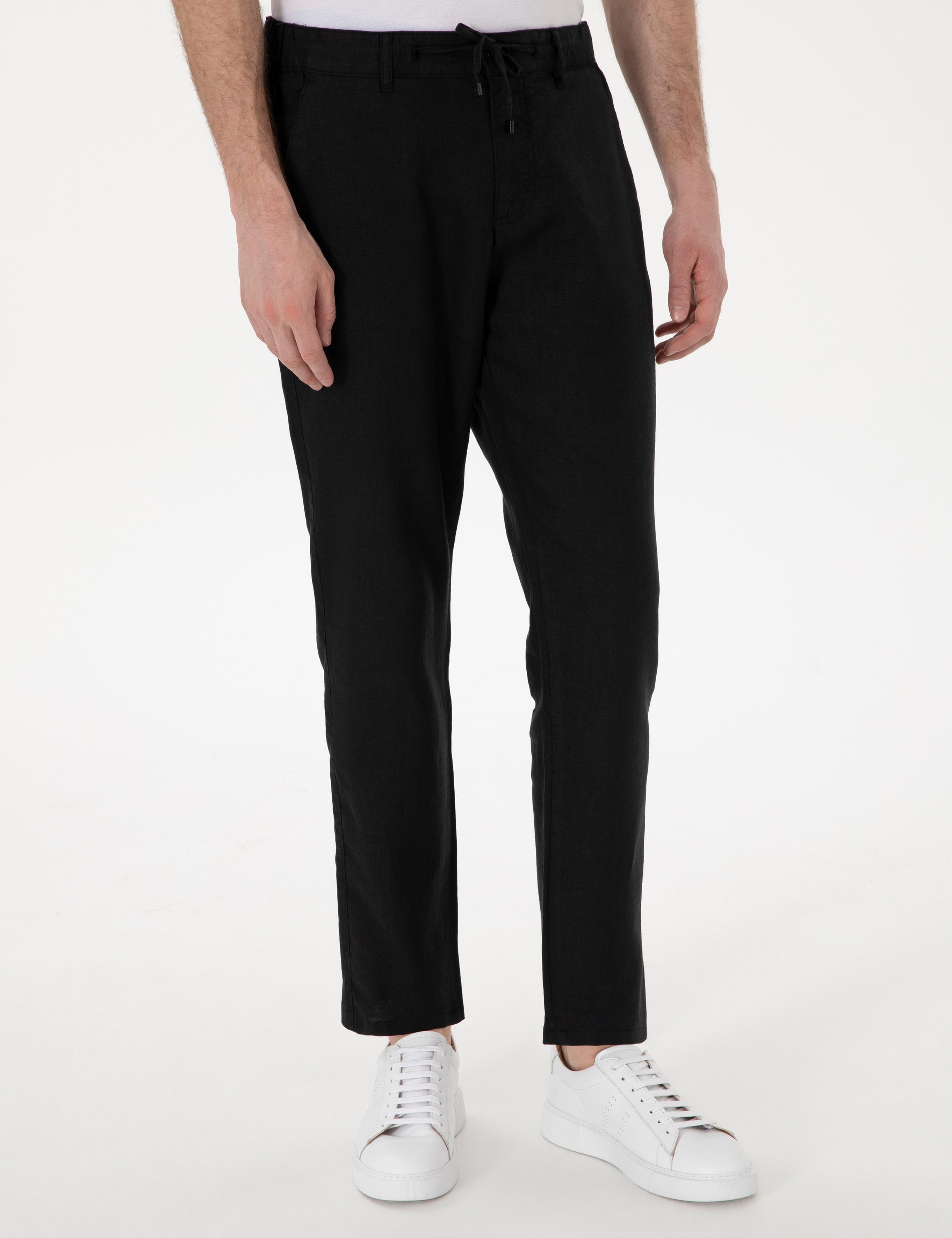 Siyah Carrot Fit %100 Keten Kanvas Pantolon