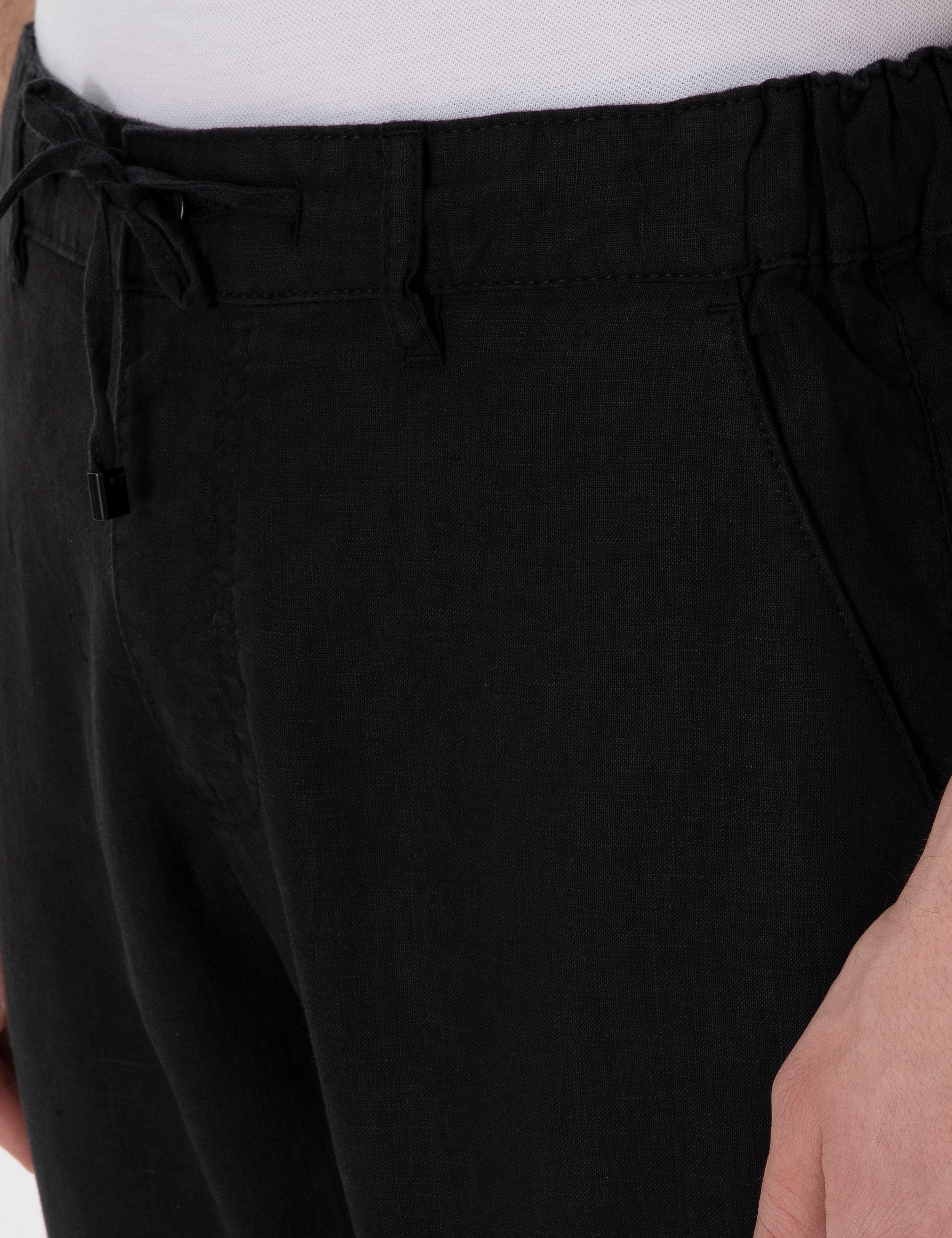 Siyah Carrot Fit %100 Keten Kanvas Pantolon - Image 5