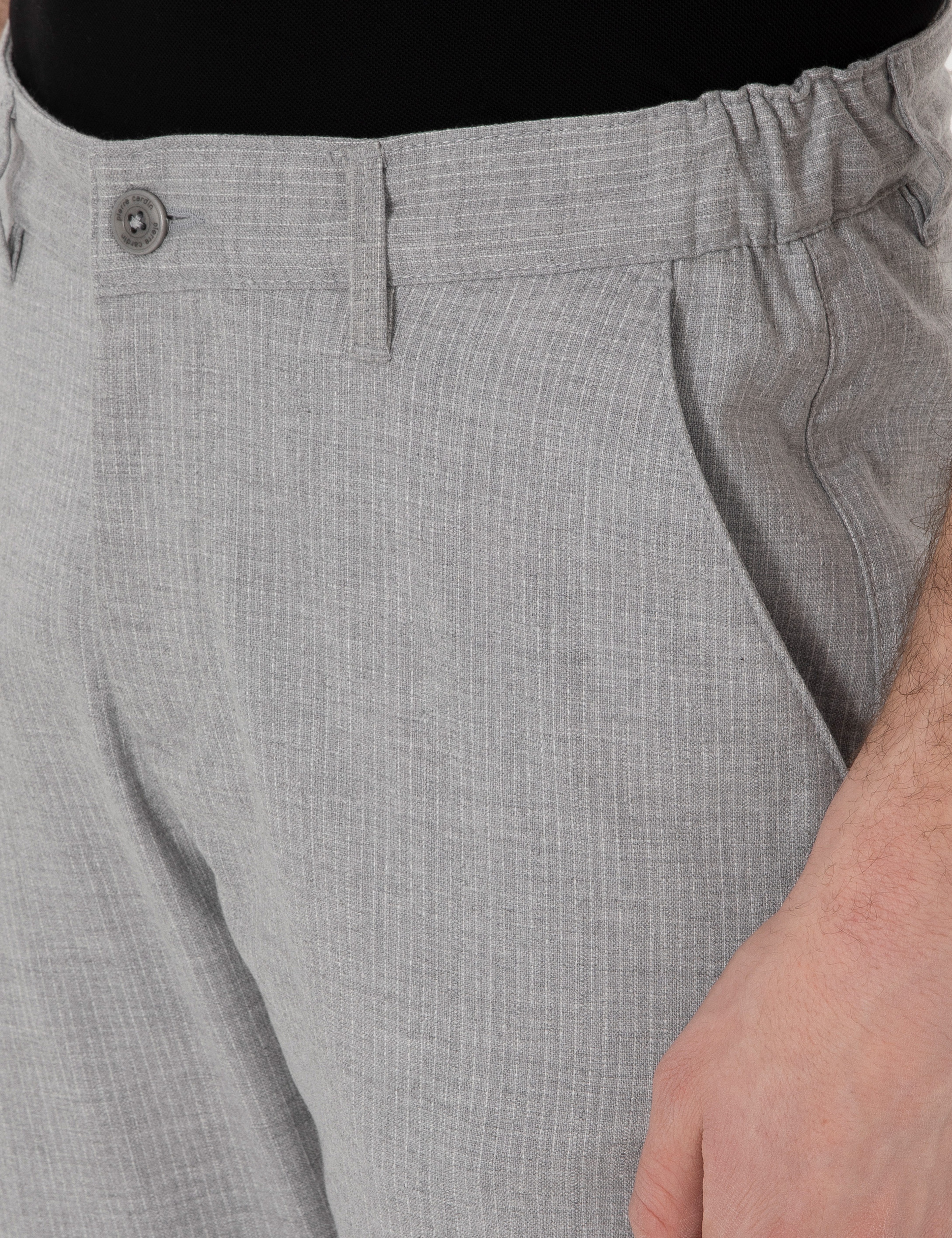 Gri Slim Fit Beli Lastikli Çizgili Kanvas Pantolon - Image 5