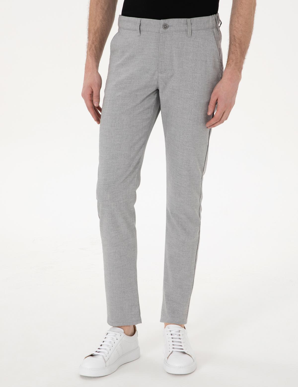 Gri Slim Fit Beli Lastikli Çizgili  Kanvas Pantolon - 50308098041
