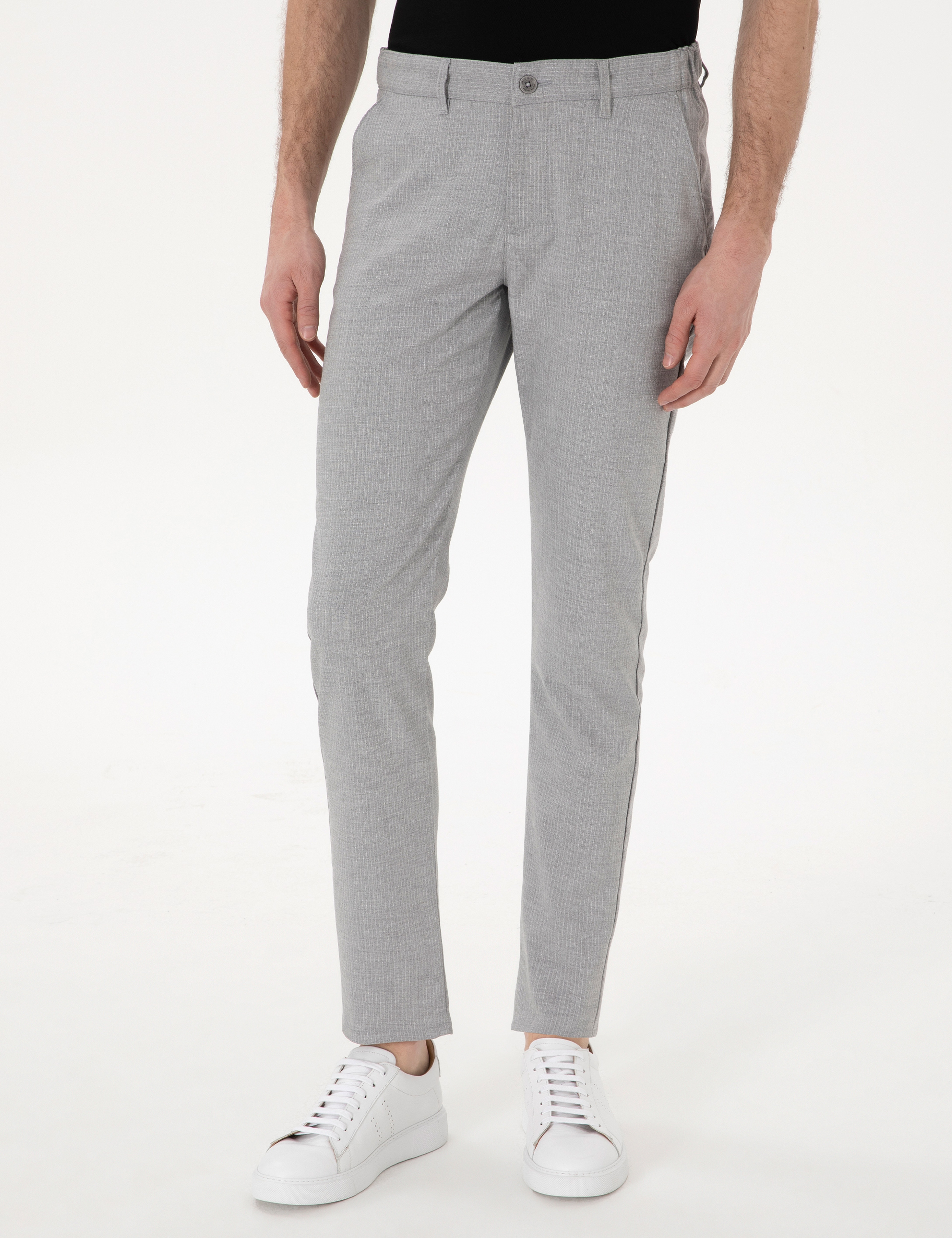 Gri Slim Fit Beli Lastikli Çizgili Kanvas Pantolon - Image 2
