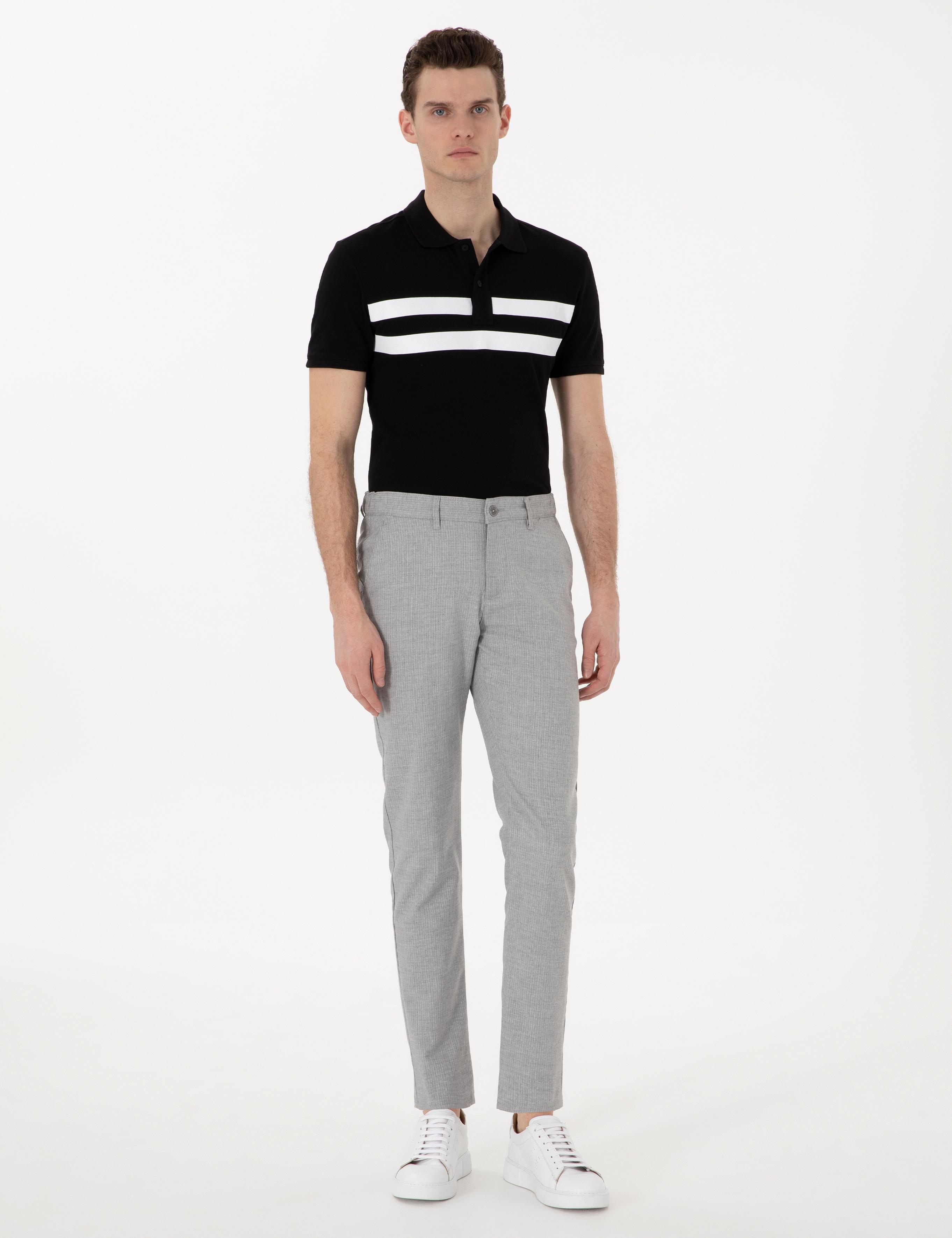 Gri Slim Fit Beli Lastikli Çizgili  Kanvas Pantolon