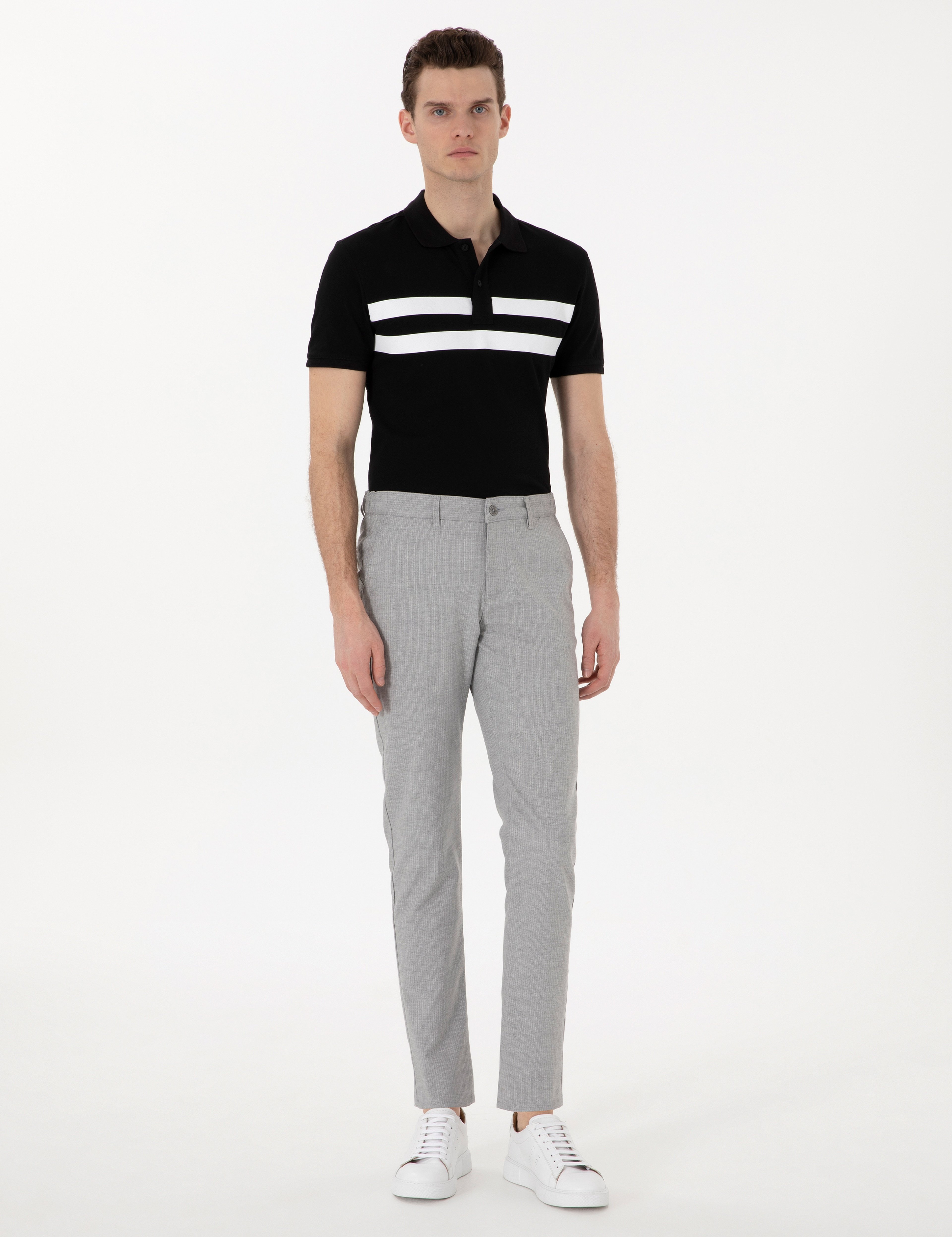 Gri Slim Fit Beli Lastikli Çizgili Kanvas Pantolon - Image 1