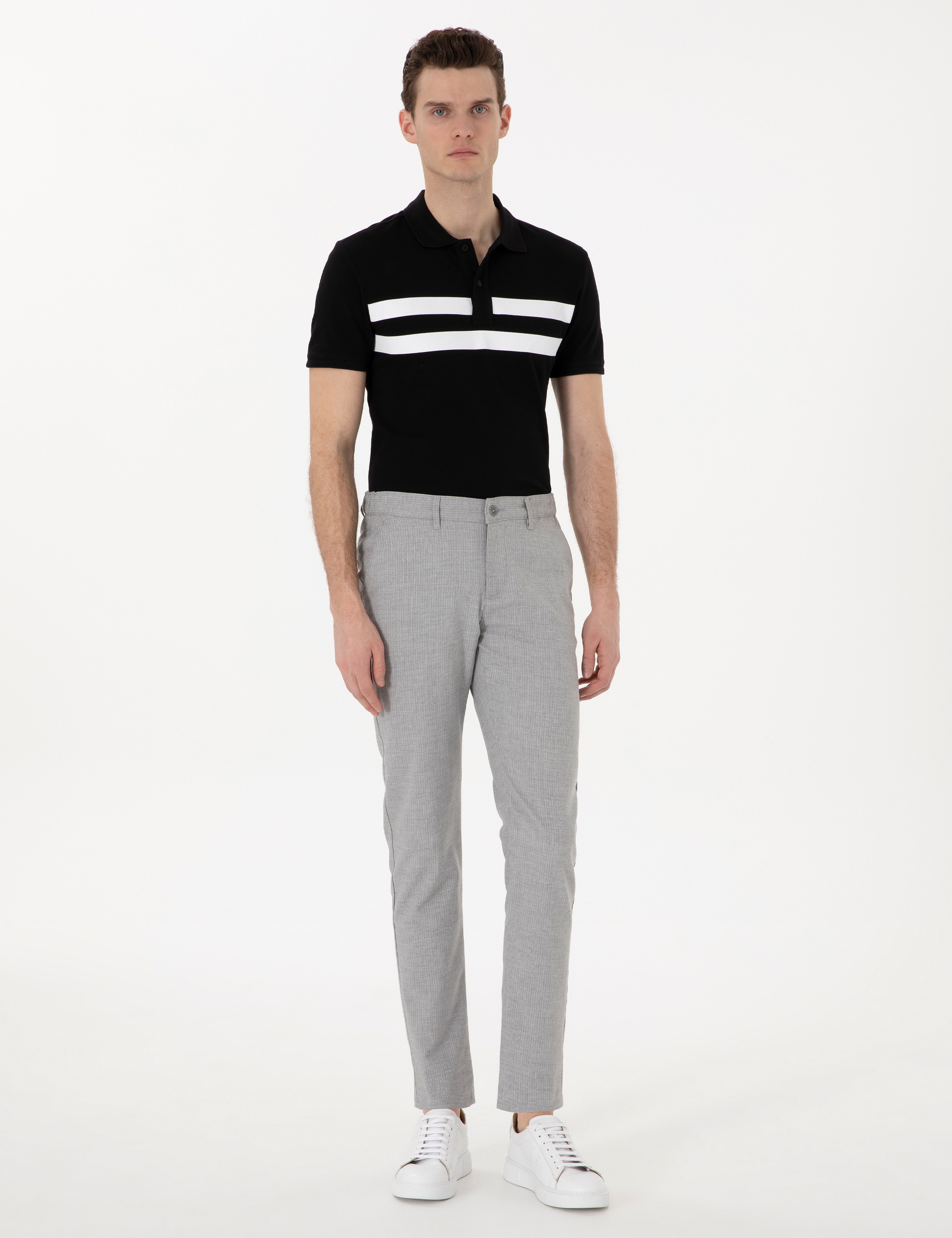 Gri Slim Fit Beli Lastikli Çizgili  Kanvas Pantolon