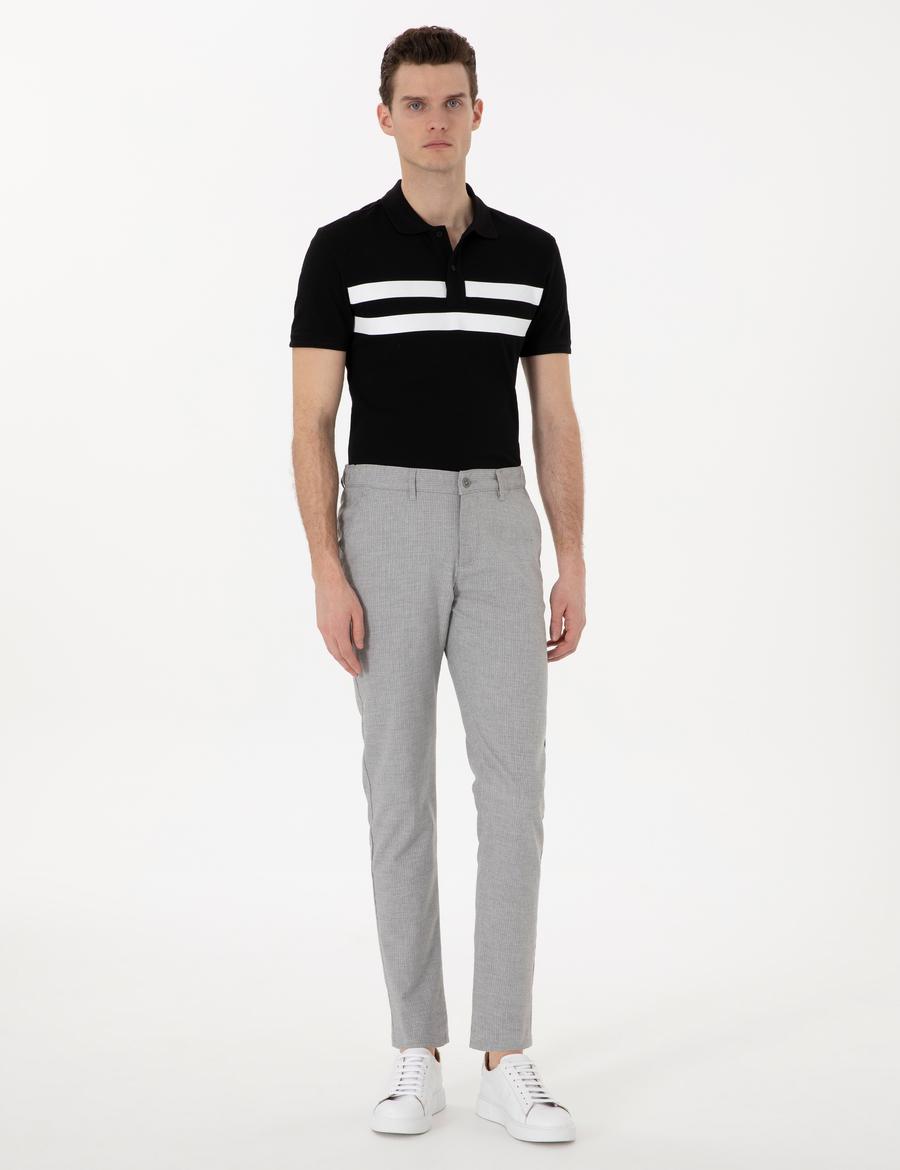 Gri Slim Fit Beli Lastikli Çizgili  Kanvas Pantolon