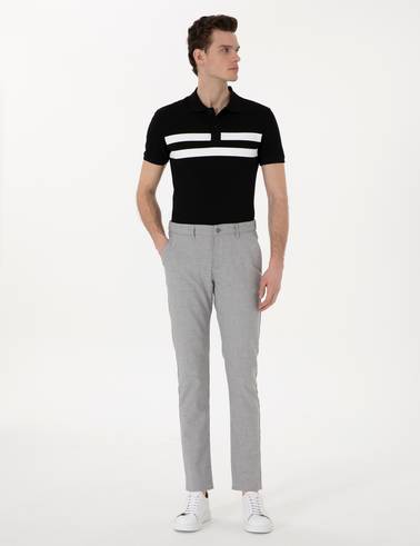 Gri Slim Fit Beli Lastikli Çizgili  Kanvas Pantolon