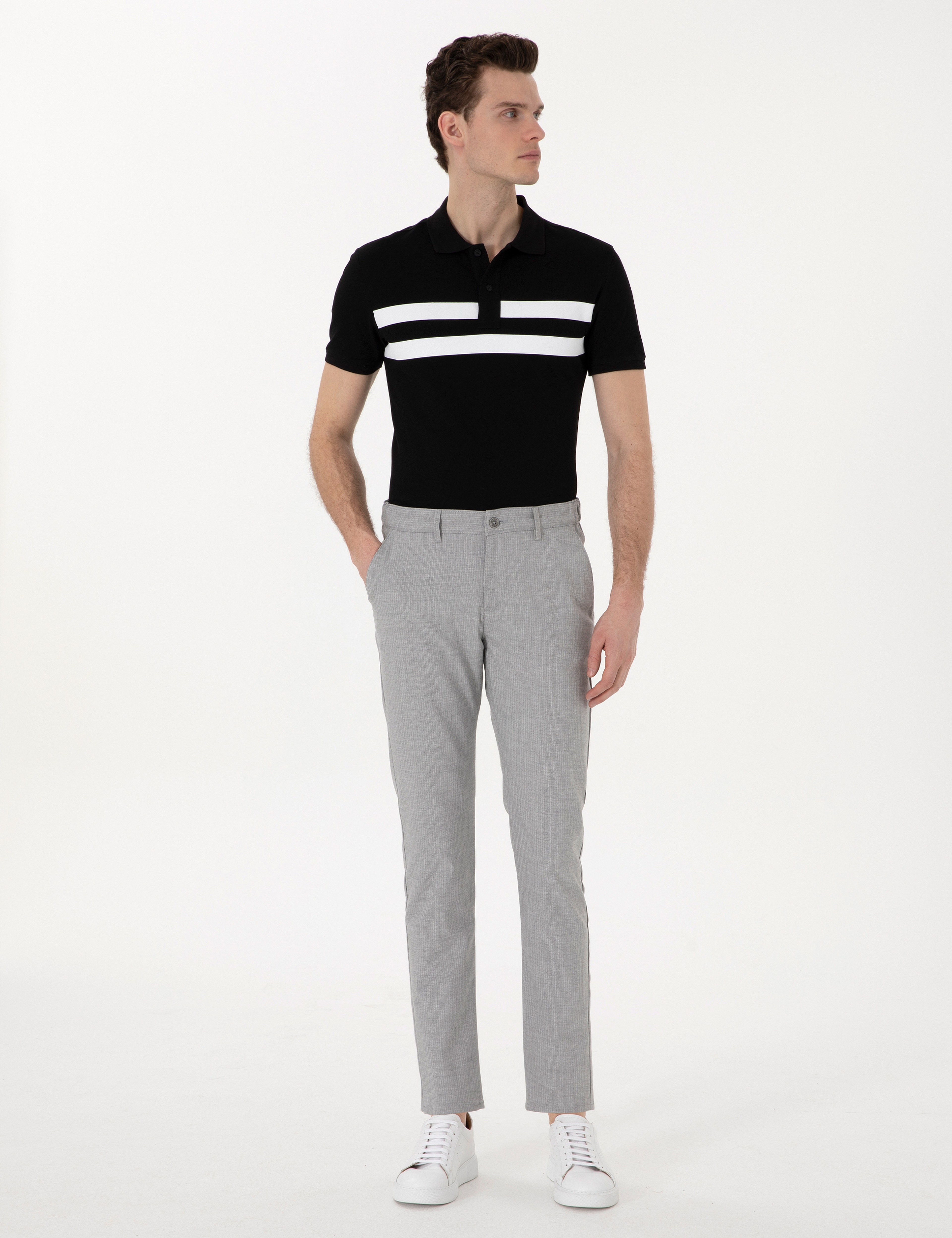 Gri Slim Fit Beli Lastikli Çizgili Kanvas Pantolon - Image 3