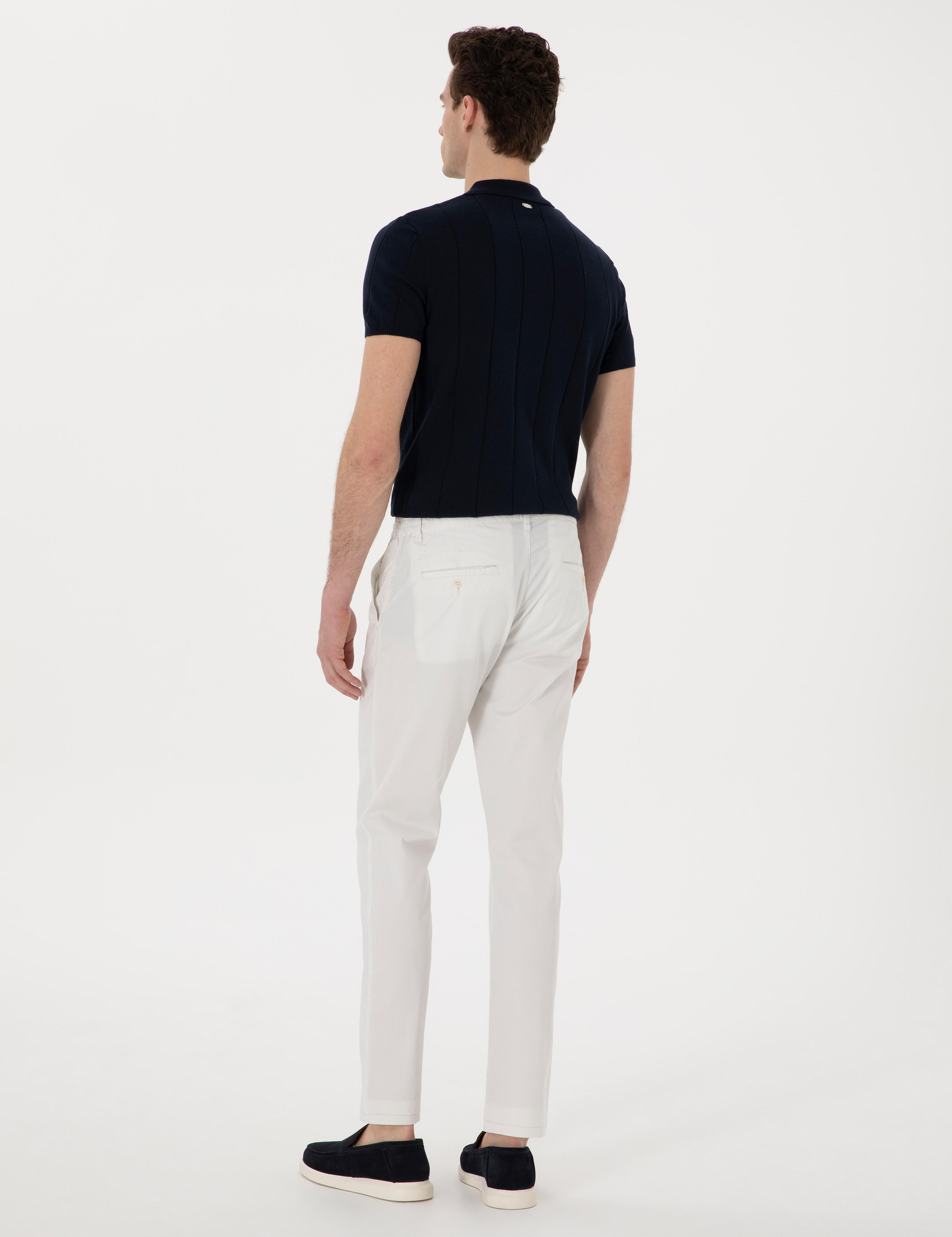 Ekru Slim Fit Beli Lastikli Kanvas Pantolon