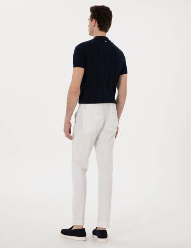 Ekru Slim Fit Beli Lastikli Kanvas Pantolon