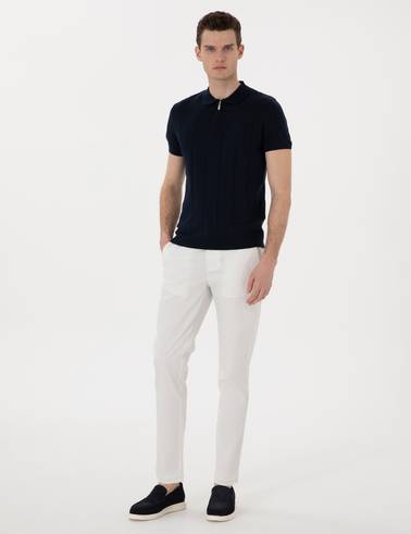 Ekru Slim Fit Beli Lastikli Kanvas Pantolon