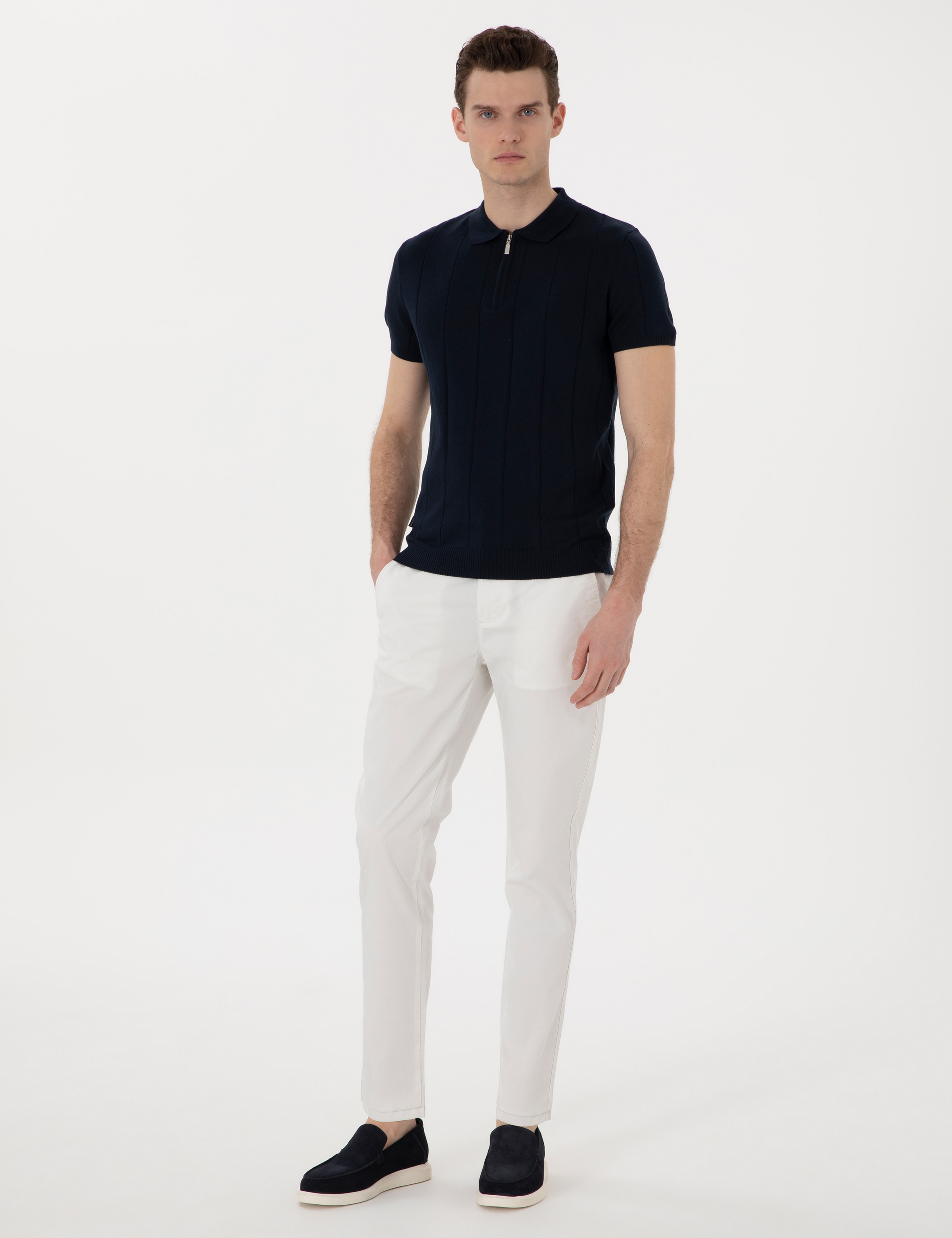 Ekru Slim Fit Beli Lastikli Kanvas Pantolon - Image 3