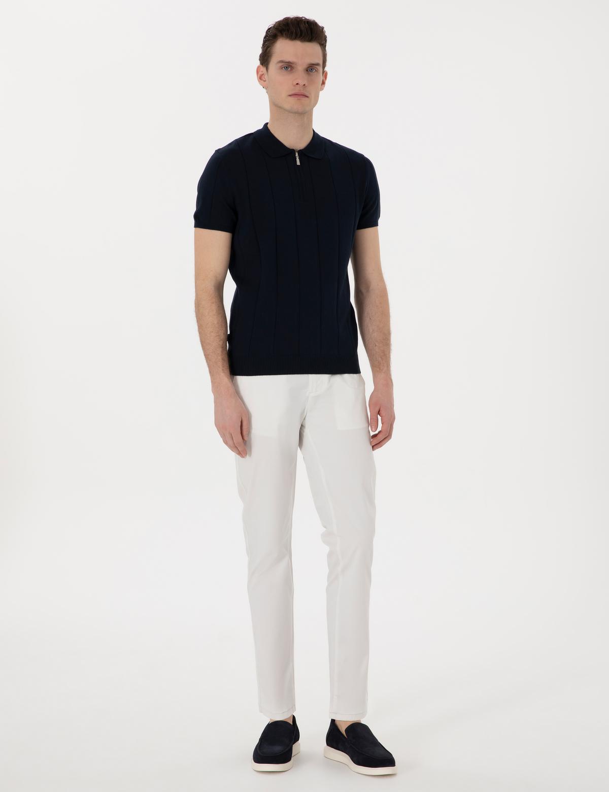 Ekru Slim Fit Beli Lastikli Kanvas Pantolon