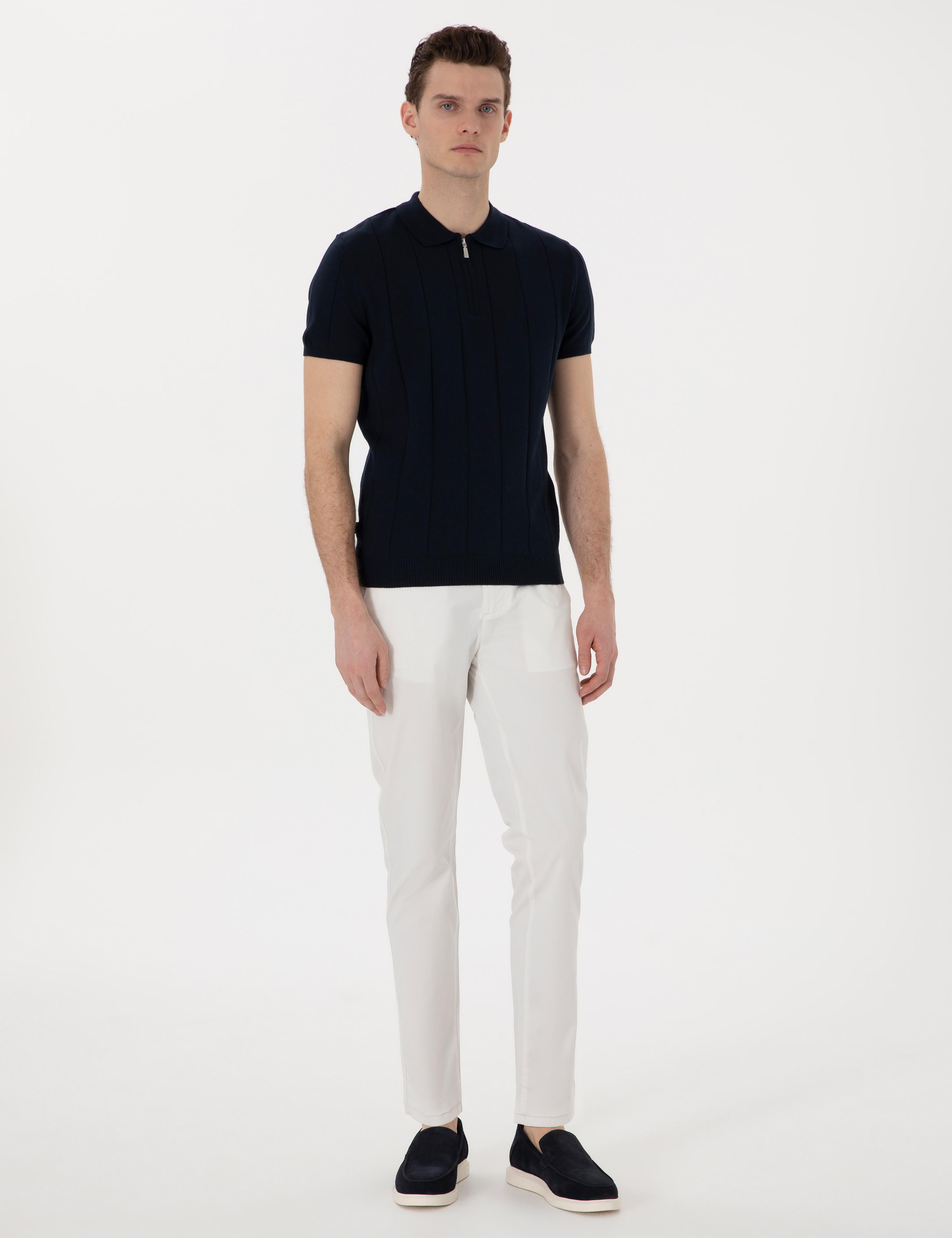 Ekru Slim Fit Beli Lastikli Kanvas Pantolon