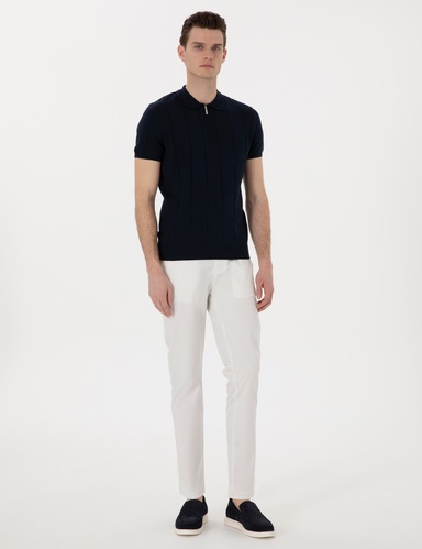 Ekru Slim Fit Beli Lastikli Kanvas Pantolon